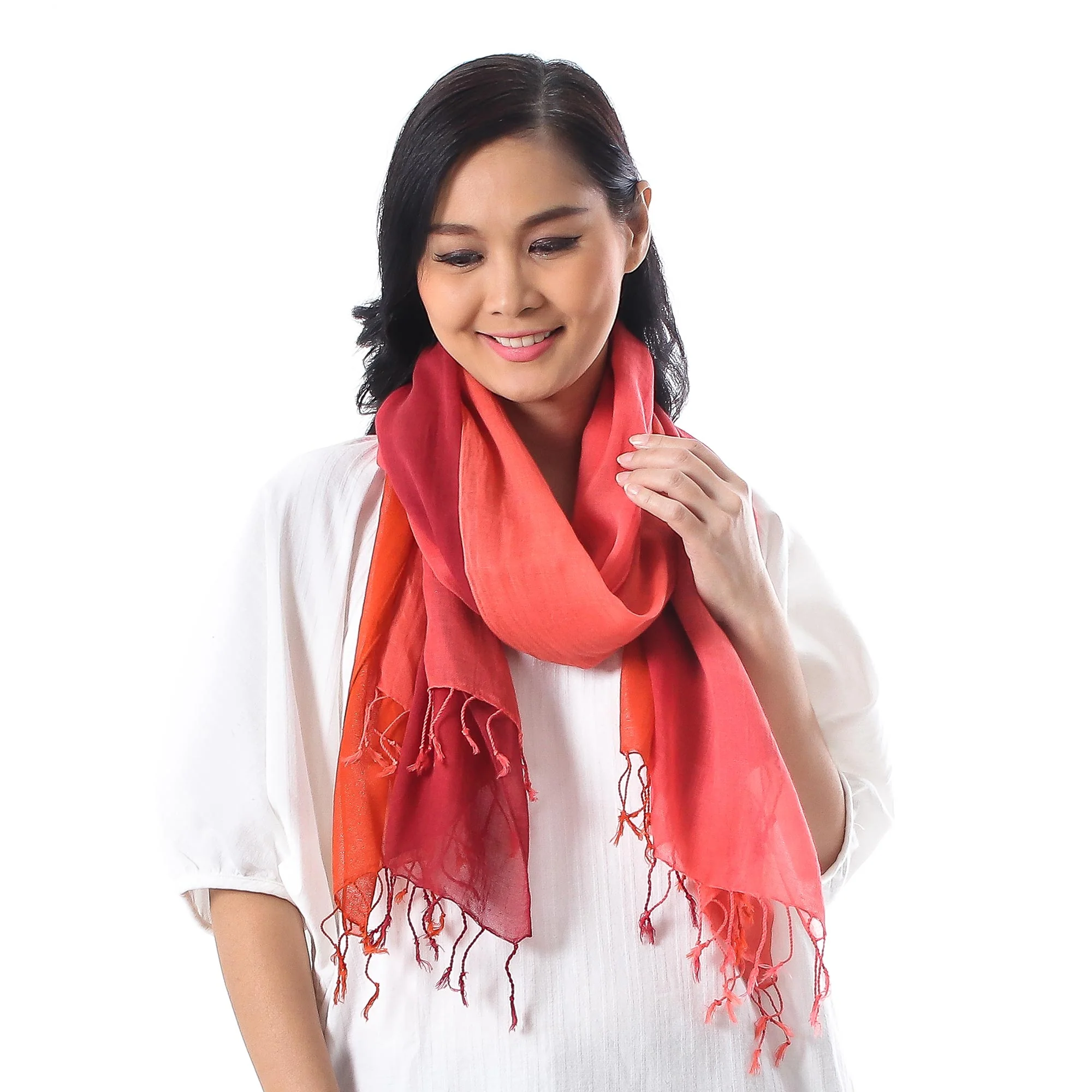 Delightful Breeze in Red Cotton Wrap Scarves in Red Pink and Orange (Pair) - Image 2