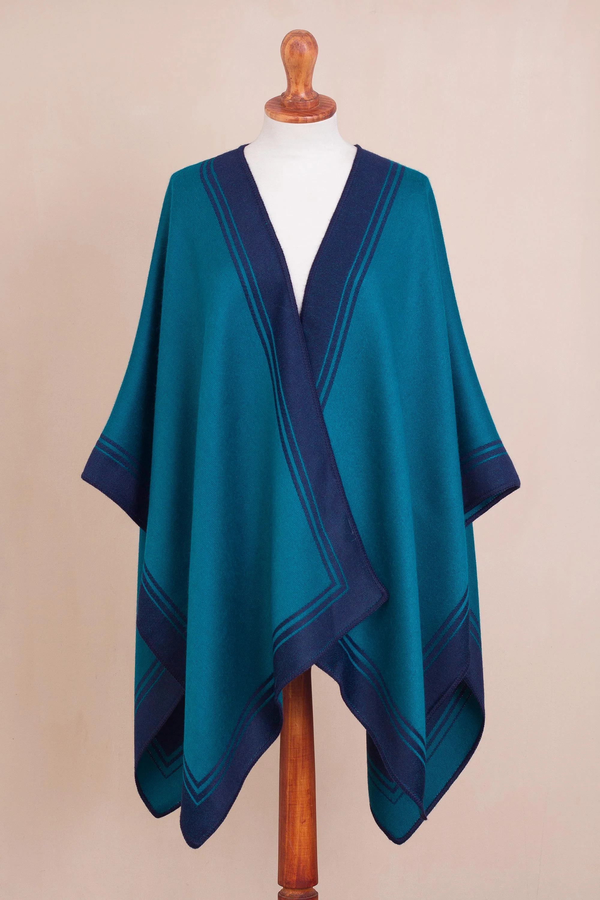 Delightful Fantasy in Teal Reversible Alpaca Blend Ruana in Navy and Teal - Image 3