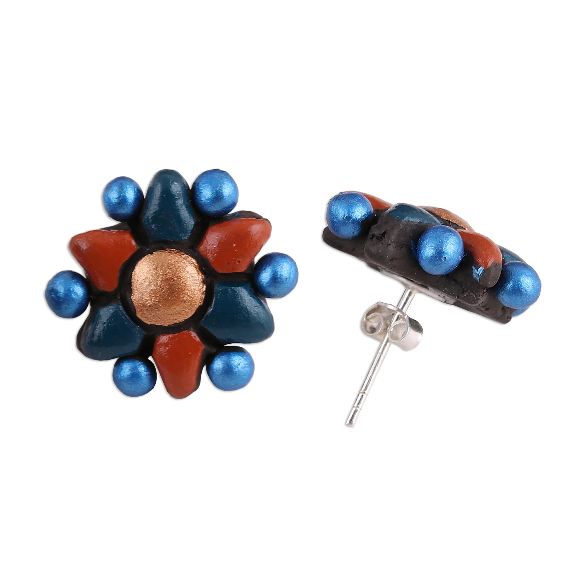Delightful Flowers Flower-Shaped Ceramic Button Earrings Crafted in India - Image 4