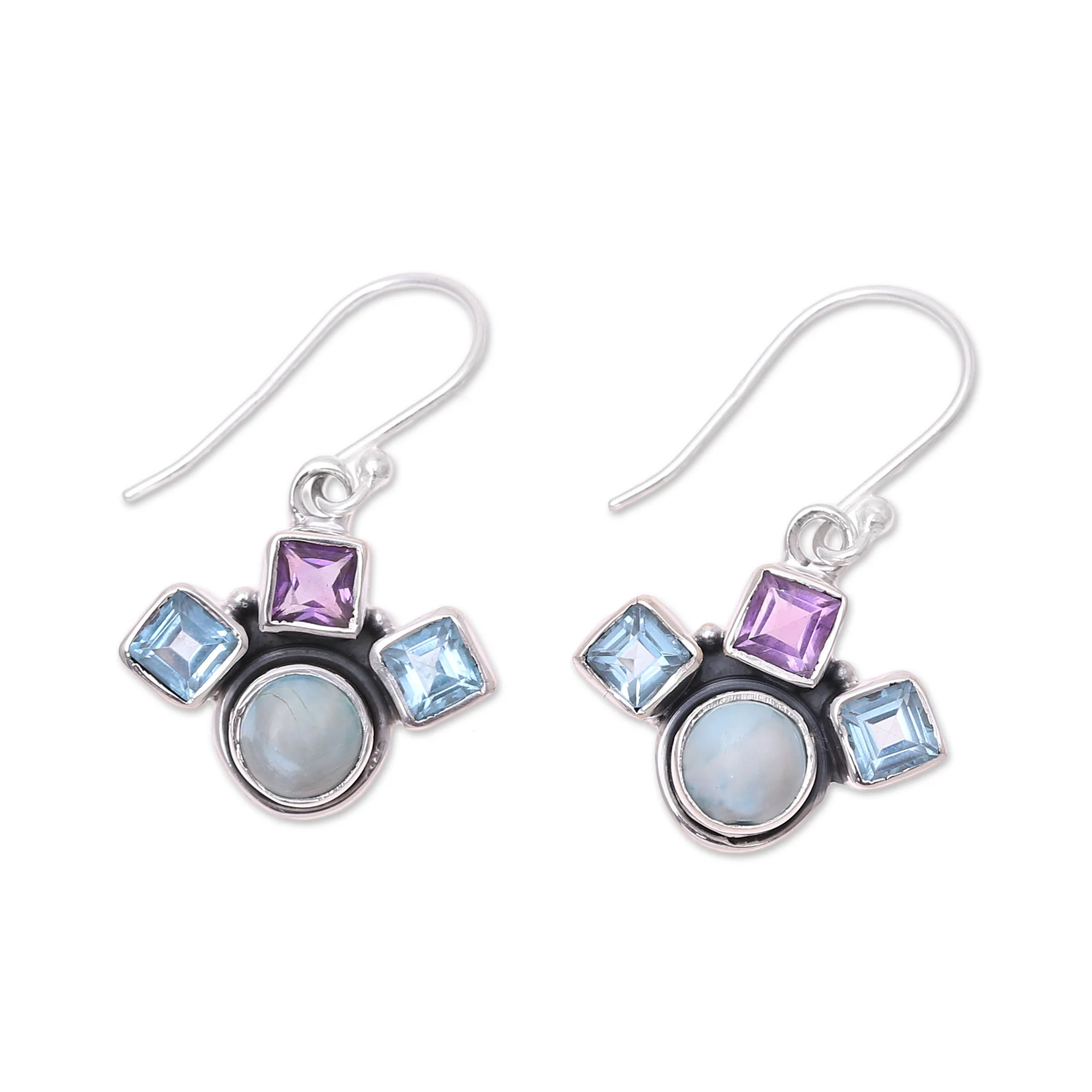 Delightful Glow Blue Topaz Amethyst and Larimar Silver Dangle Earrings - Image 4