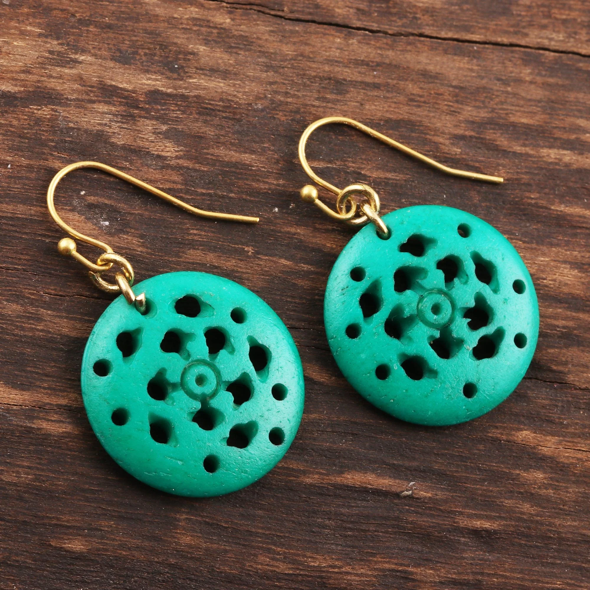 Delightful Round Round Blue-Green Bone Dangle Earrings from India - Image 3