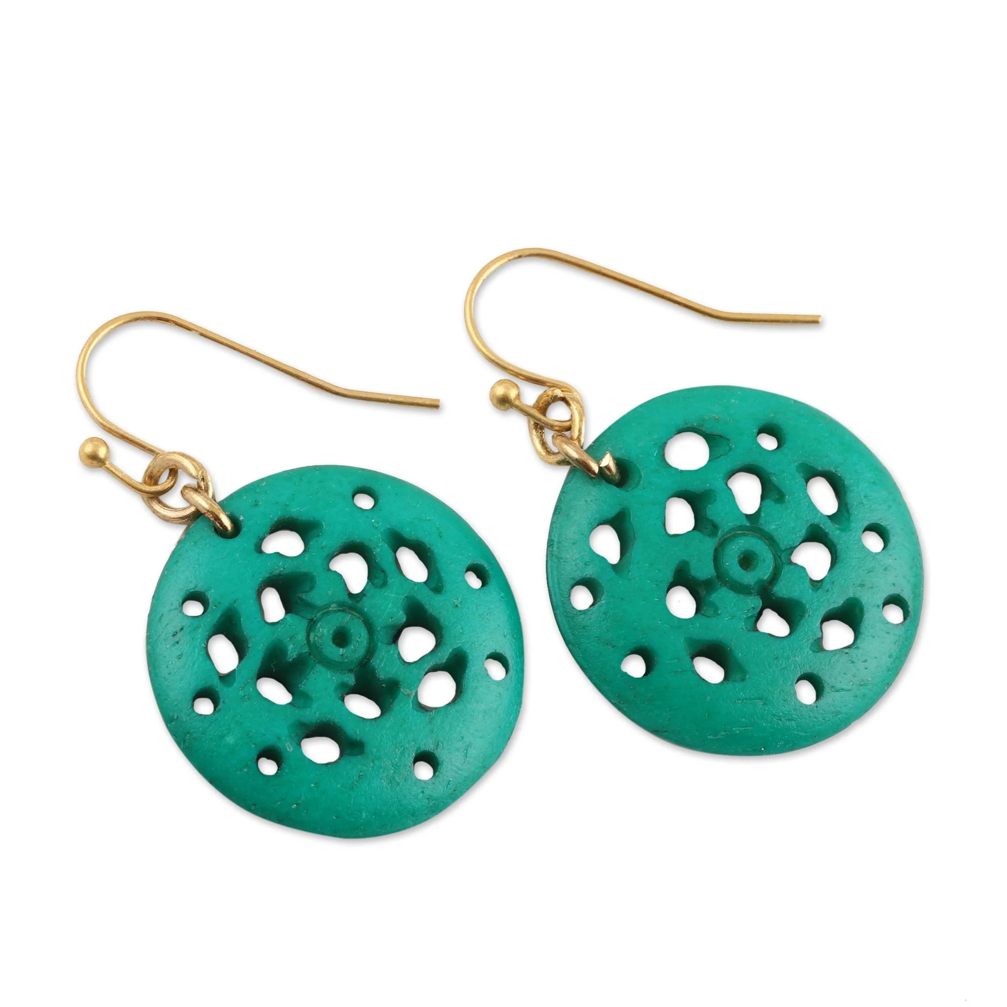 Delightful Round Round Blue-Green Bone Dangle Earrings from India - Image 4