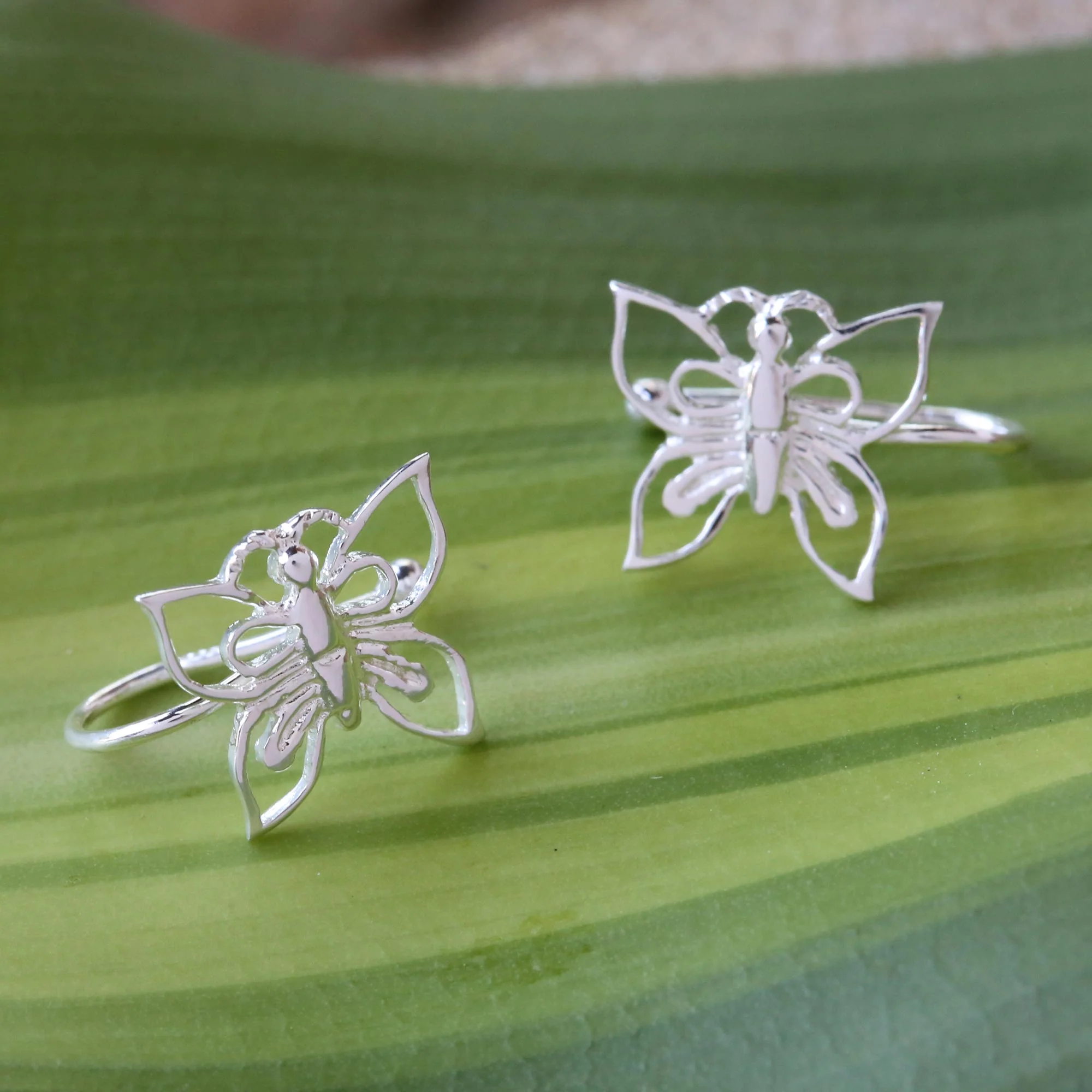 Demure Butterflies 925 Silver Butterfly Ear Cuffs Artisan Crafted in Thailand - Image 3