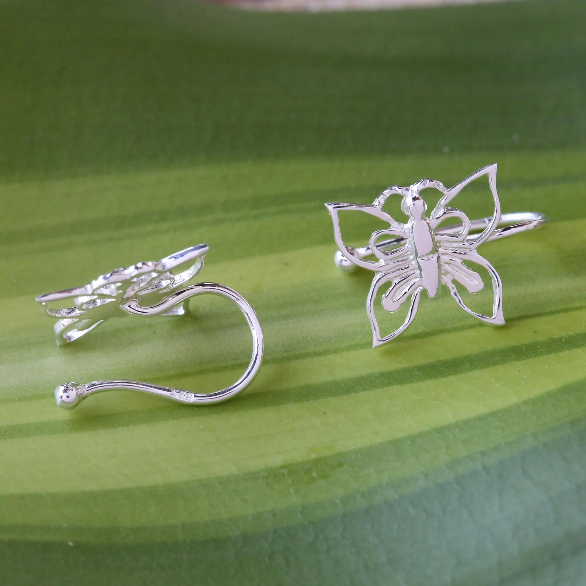 Demure Butterflies 925 Silver Butterfly Ear Cuffs Artisan Crafted in Thailand - Image 4