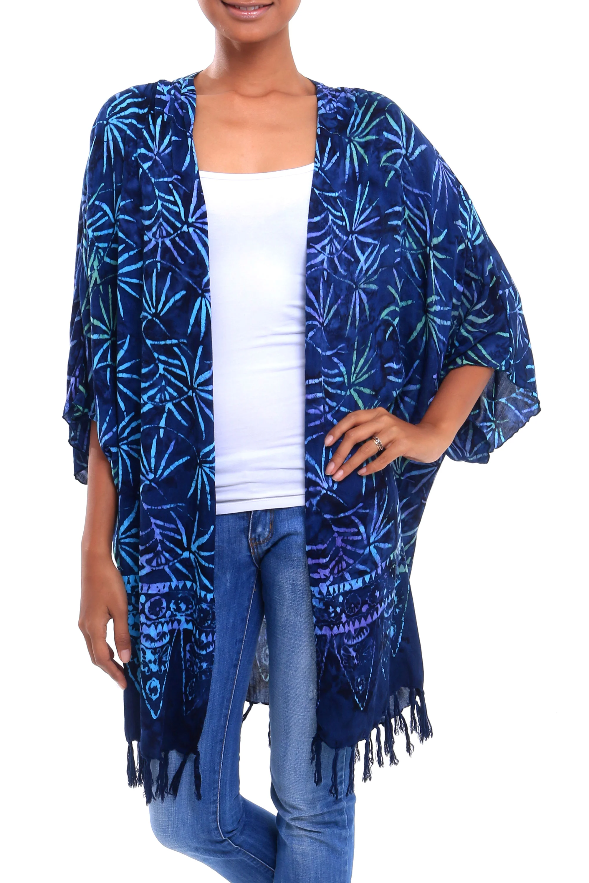 Denpasar Lady in Blue Leaf Motif Batik Rayon Kimono Jacket in Blue from Bali - Image 2