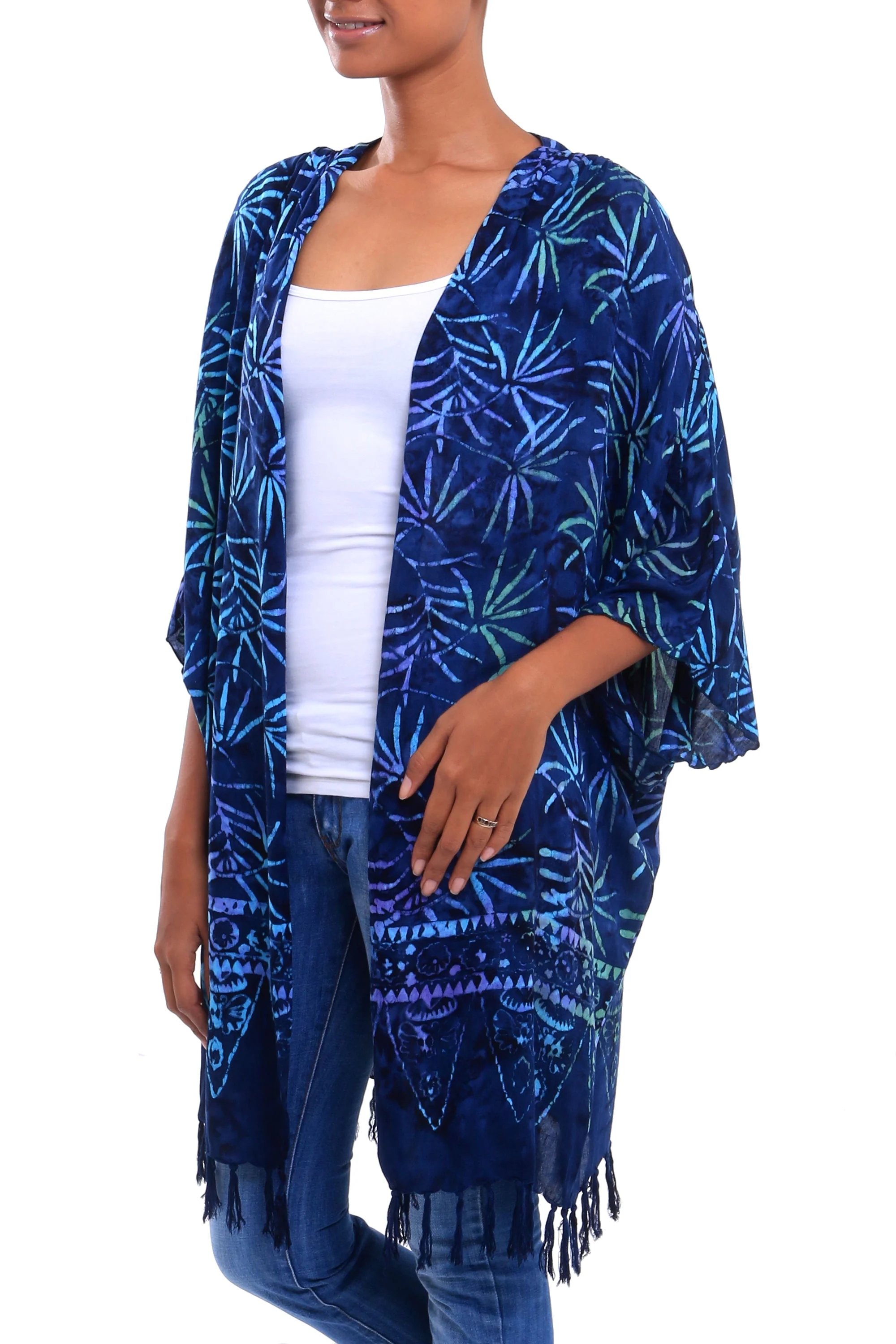 Denpasar Lady in Blue Leaf Motif Batik Rayon Kimono Jacket in Blue from Bali - Image 5