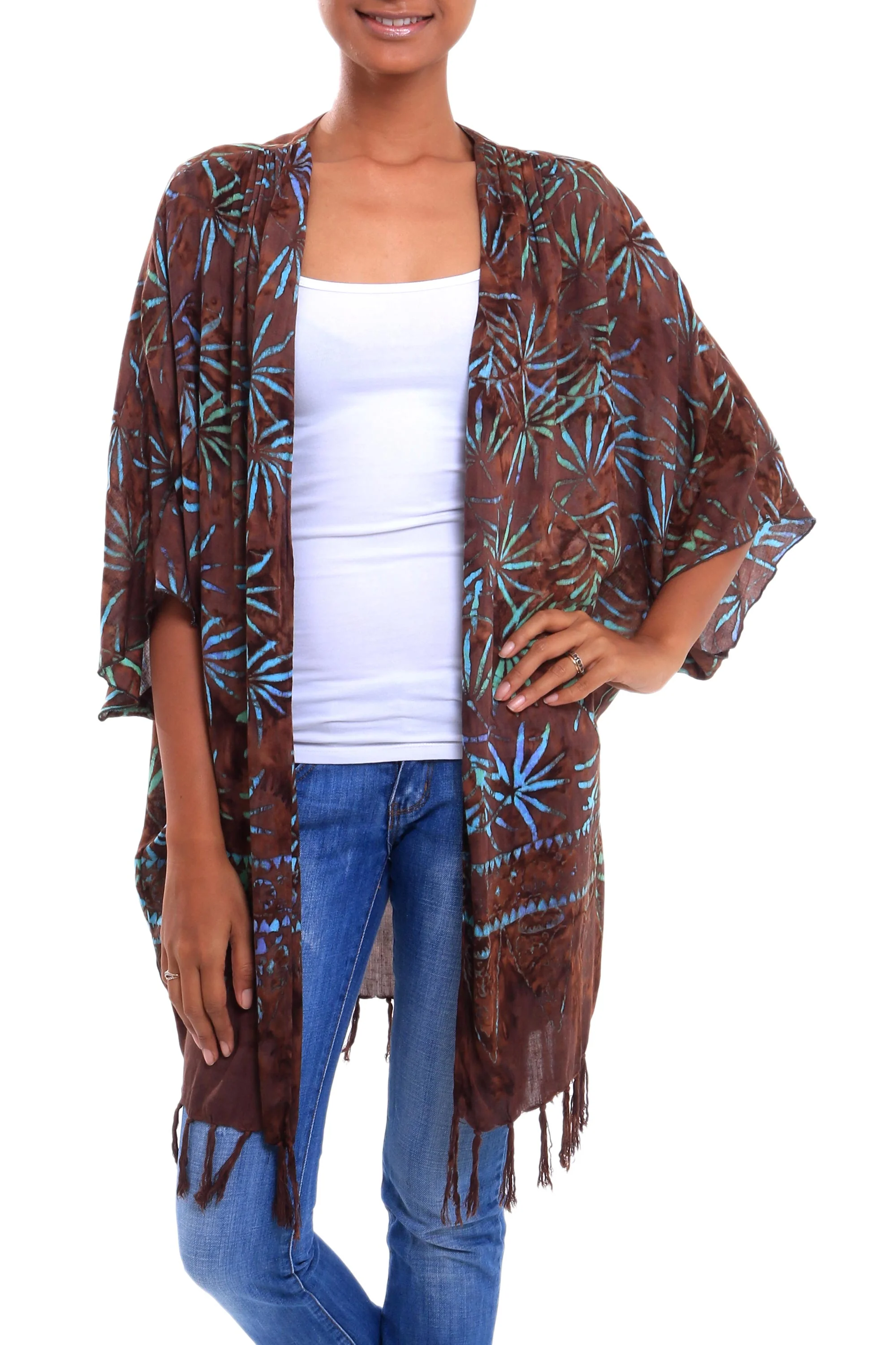 Denpasar Lady in Brown Leaf Motif Batik Rayon Kimono Jacket in Brown from Bali - Image 3