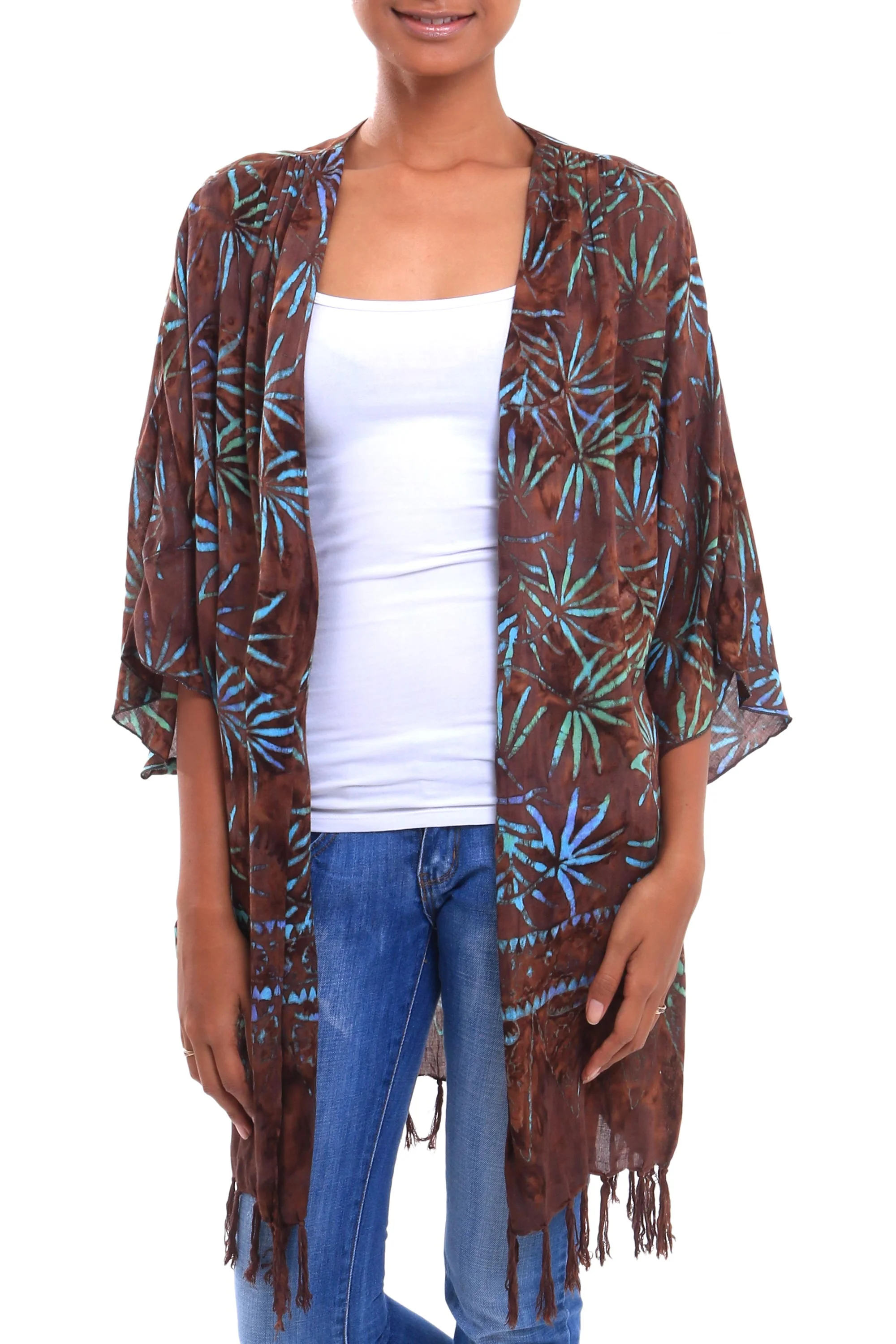 Denpasar Lady in Brown Leaf Motif Batik Rayon Kimono Jacket in Brown from Bali - Image 5