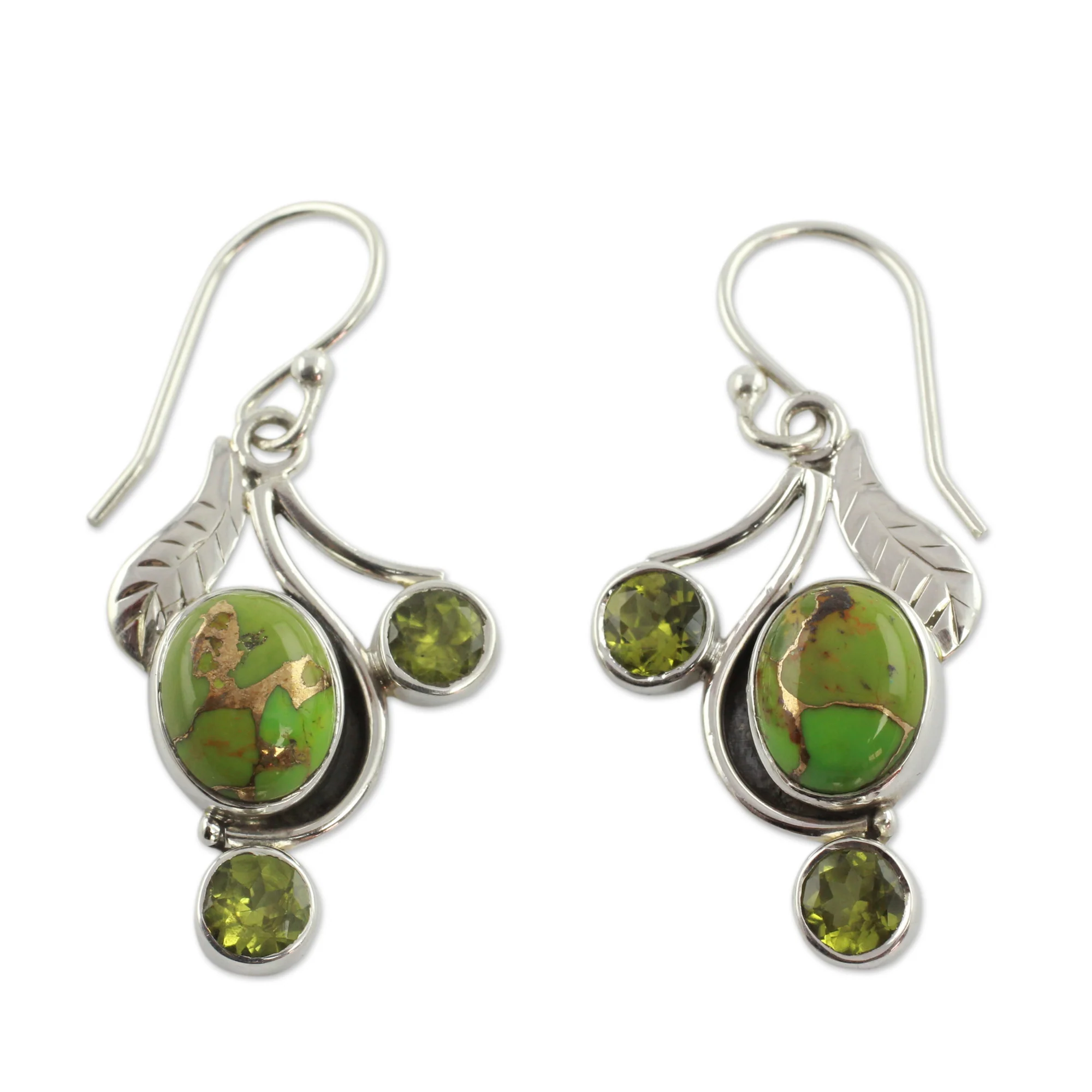 Dew Blossom Green Turquoise and Peridot Earrings from India - Image 2
