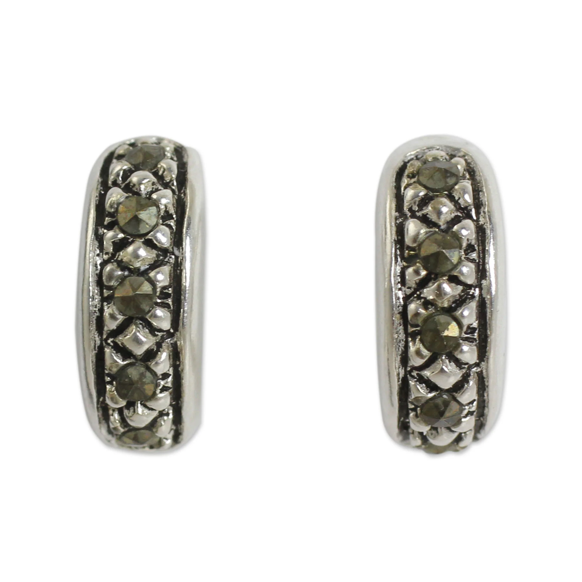 Dew Sterling Silver Half Hoop Earrings Crafted with Marcasite - Image 2