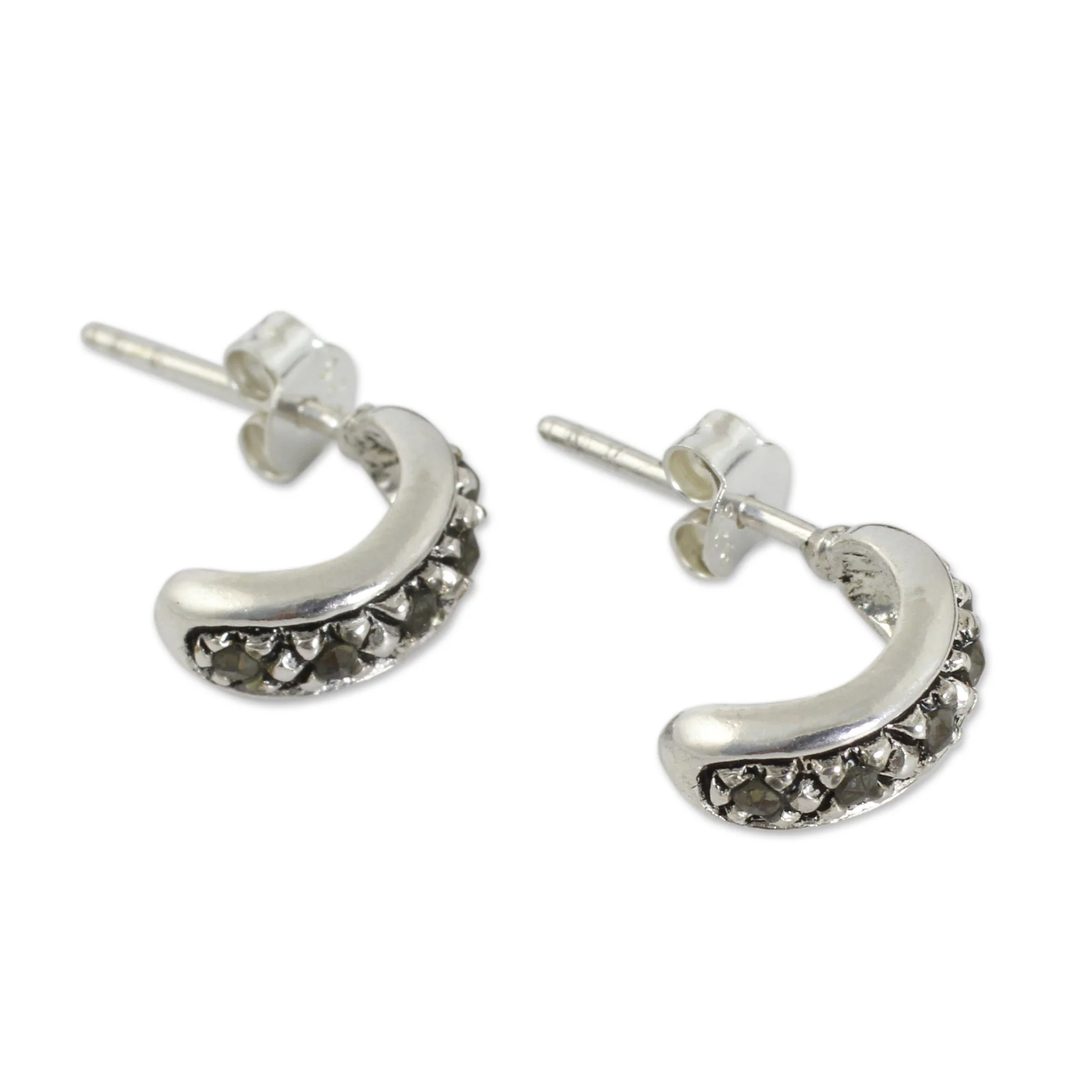 Dew Sterling Silver Half Hoop Earrings Crafted with Marcasite - Image 3