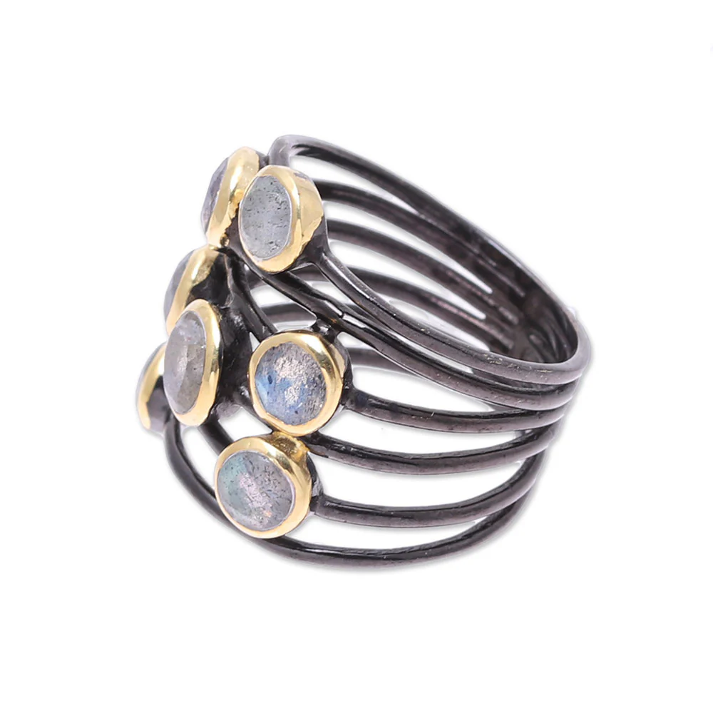 Dewy Morn Gold Accent Labradorite Multi-Stone Cocktail Ring from India - Image 5