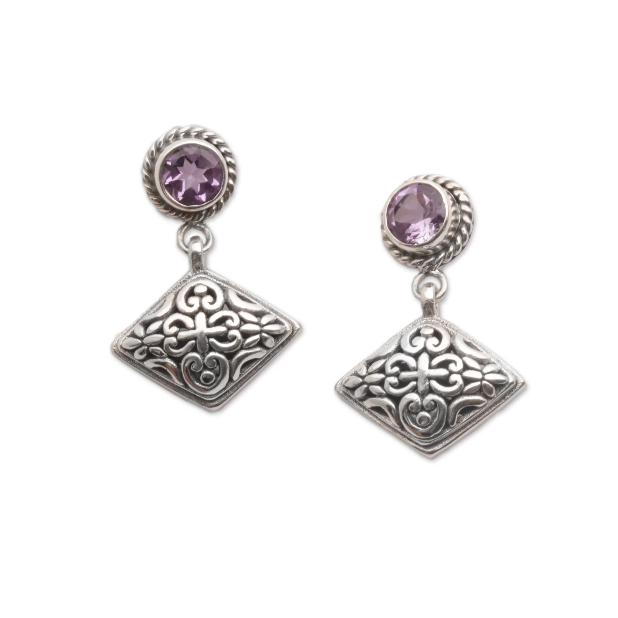 Diamond Dew Amethyst Dangle Earrings with Diamond Shapes from Bali - Image 2