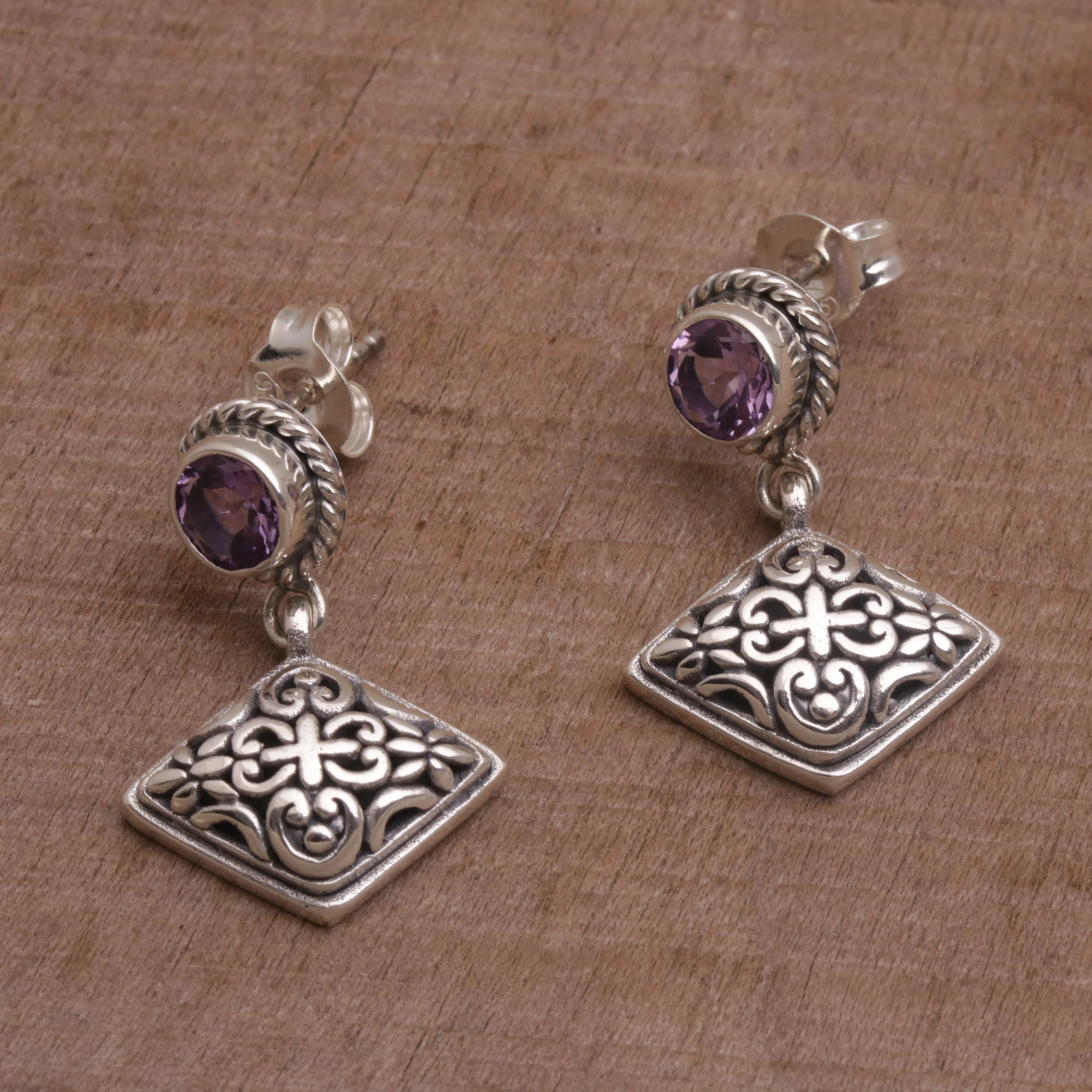 Diamond Dew Amethyst Dangle Earrings with Diamond Shapes from Bali - Image 3