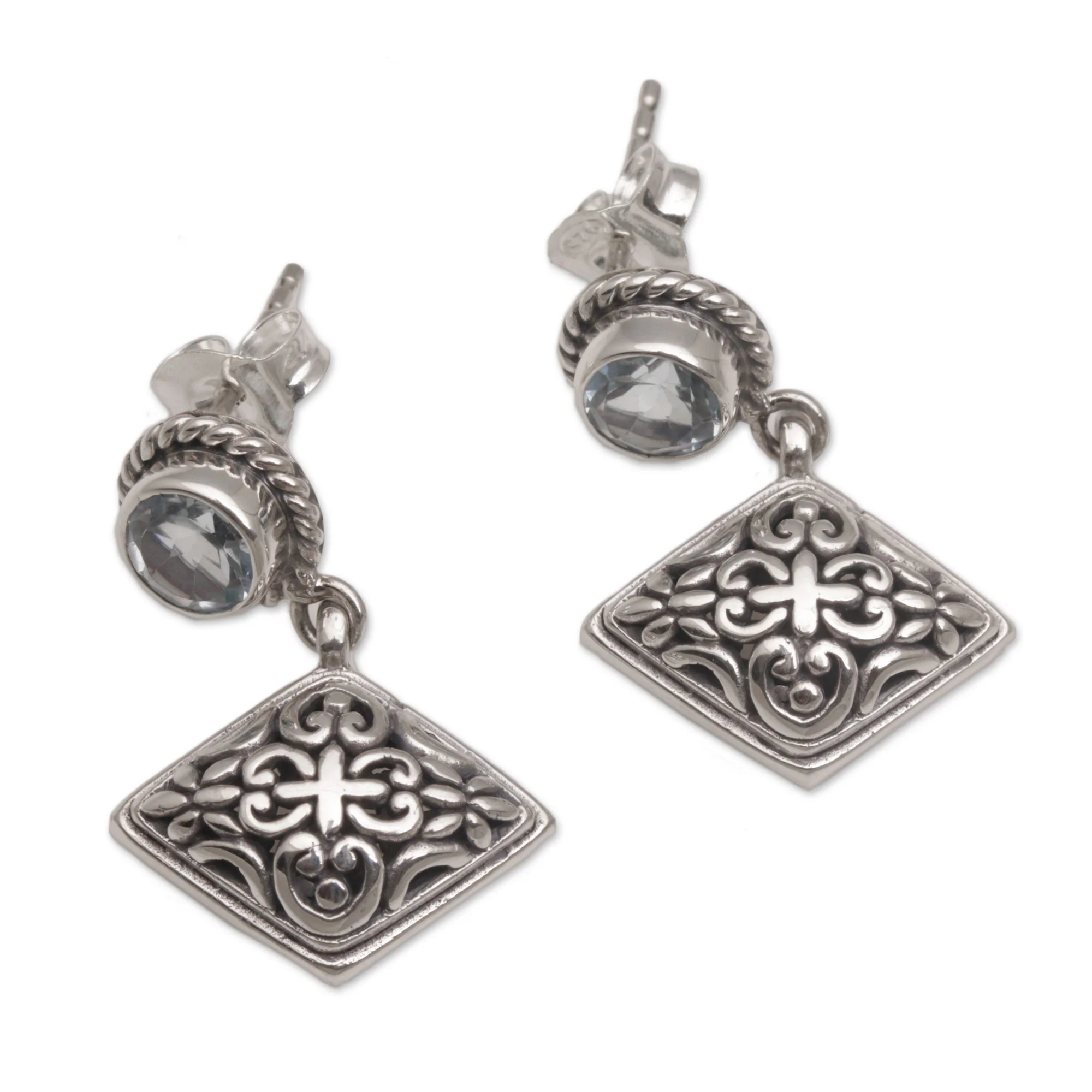 Diamond Dew Blue Topaz Dangle Earrings with Diamond Shapes from Bali - Image 4
