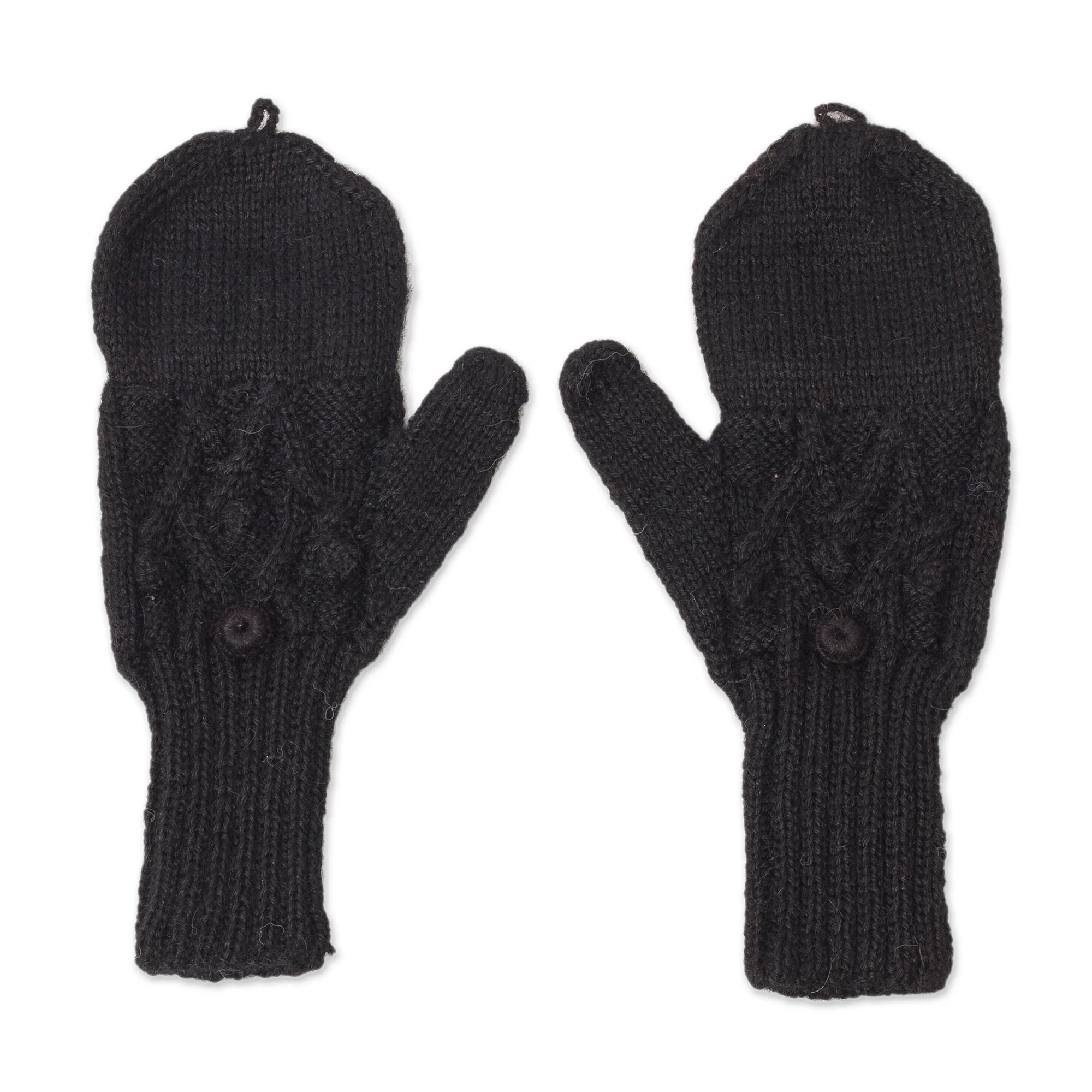 Diamond Elegance in Black Diamond Pattern 100% Alpaca Mittens in Black from Peru - Image 2