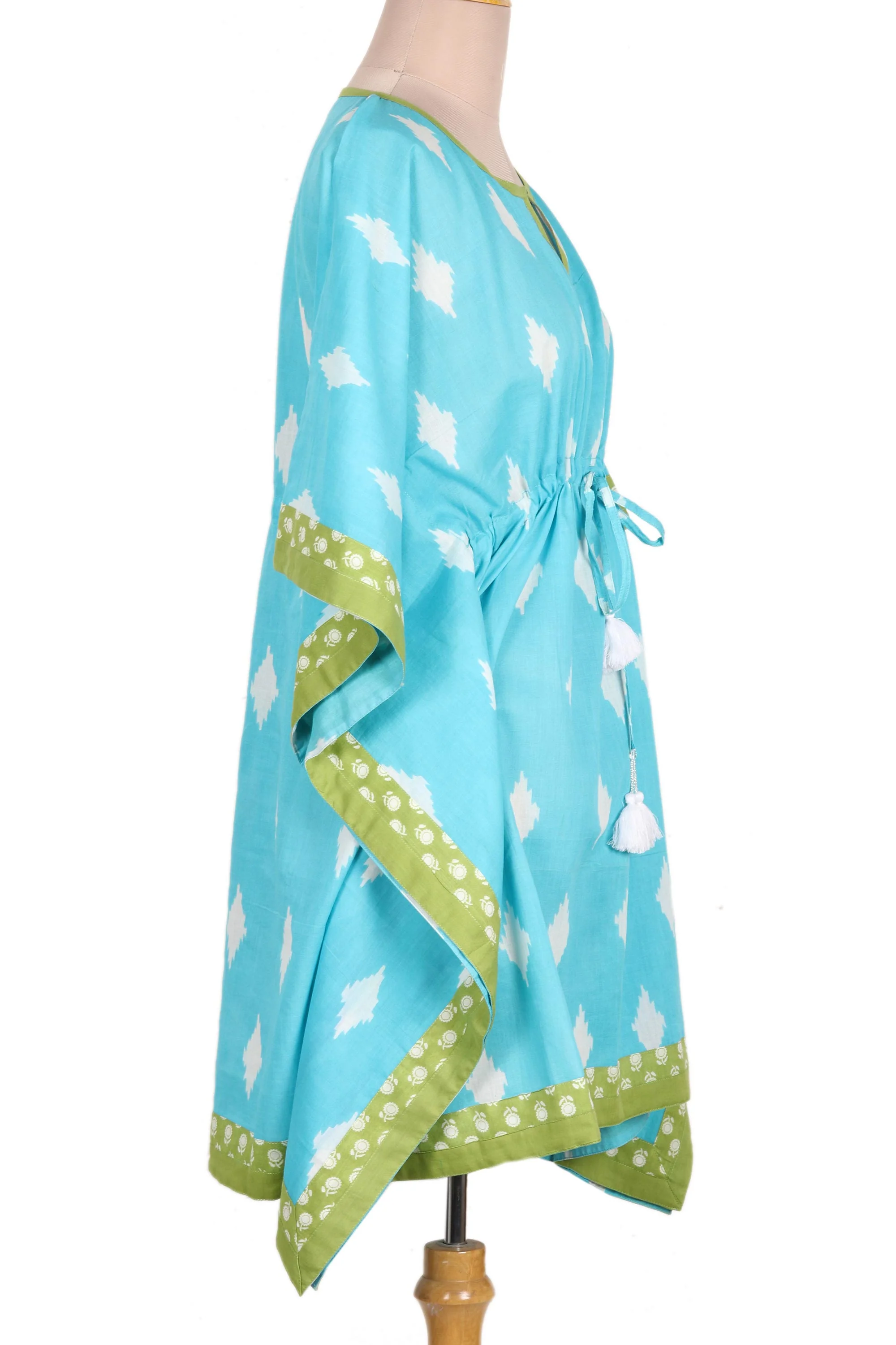 Diamonds Are Forever Screen Printed Turquoise Cotton Caftan from India - Image 3
