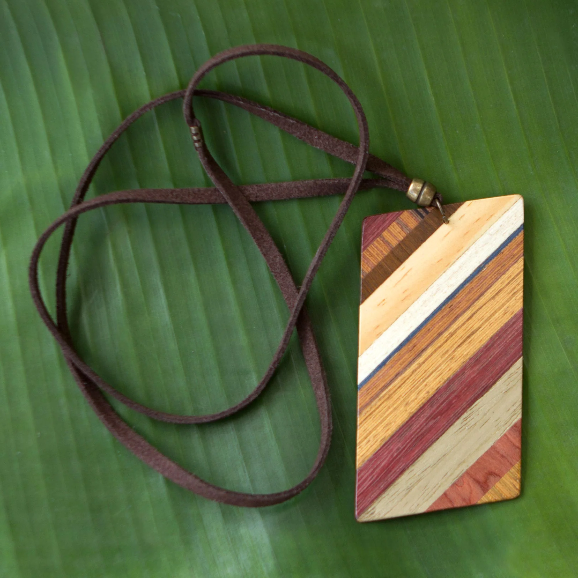 Distinguished Traveler Rectangular Wood Pendant Necklace by Brazilian Artisans - Image 3