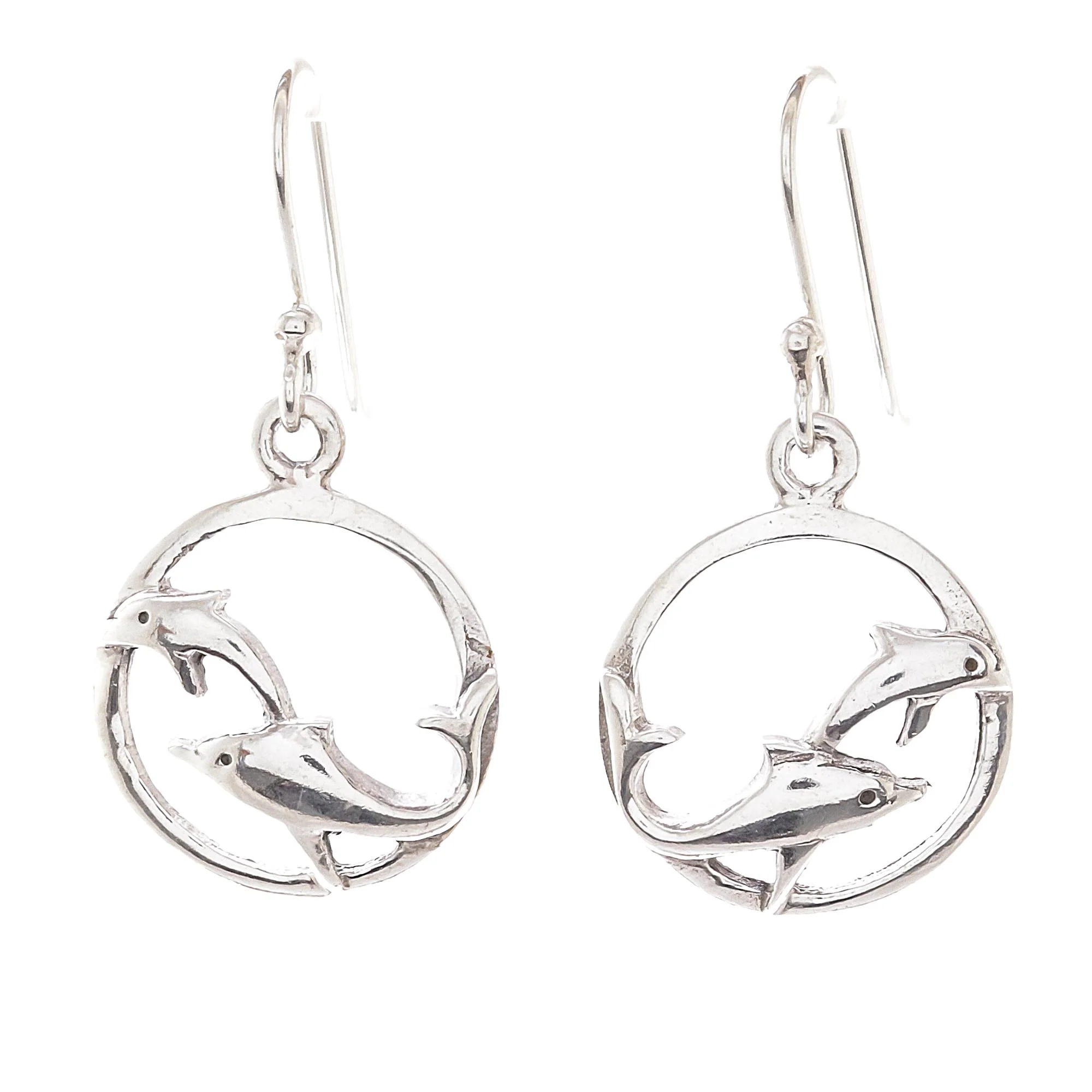 Dolphin Circle Sterling Silver Dolphin Dangle Earrings from Thailand - Image 2