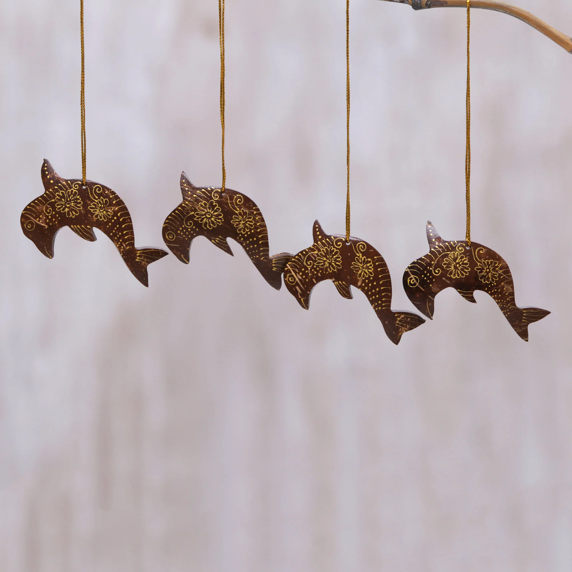 Dolphin Echo Set of 4 Handmade Brown Coconut Shell Dolphin Ornaments - Image 3