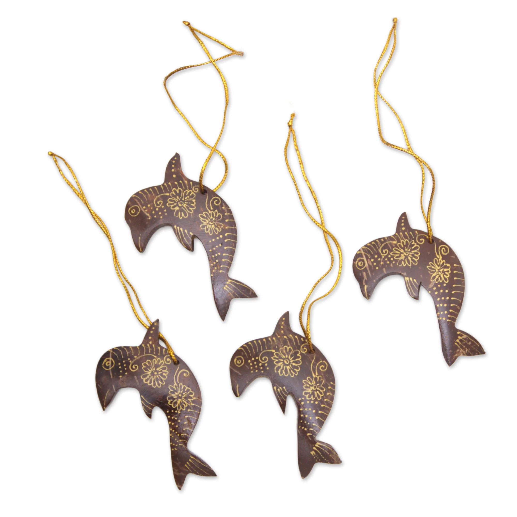 Dolphin Echo Set of 4 Handmade Brown Coconut Shell Dolphin Ornaments - Image 4