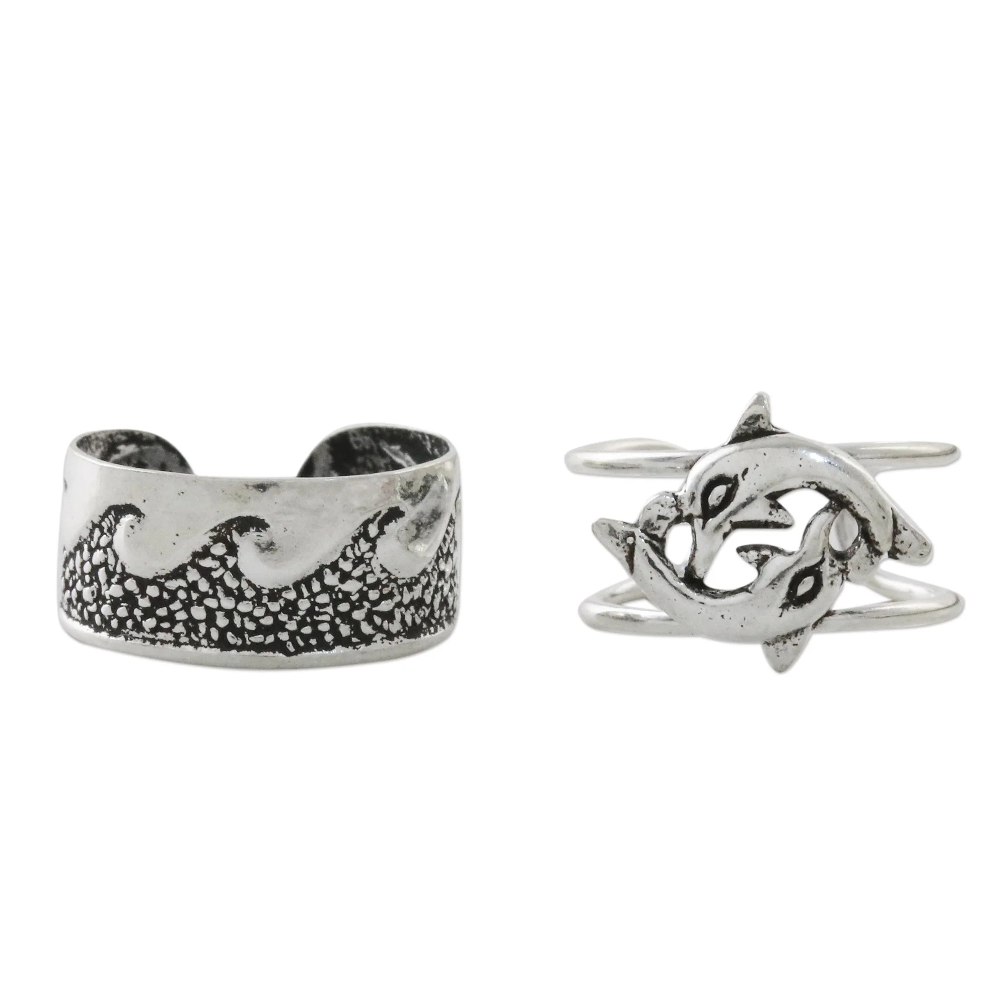 Dolphins in the Ocean Dolphin and Wave Motif Sterling Silver Ear Cuffs - Image 2