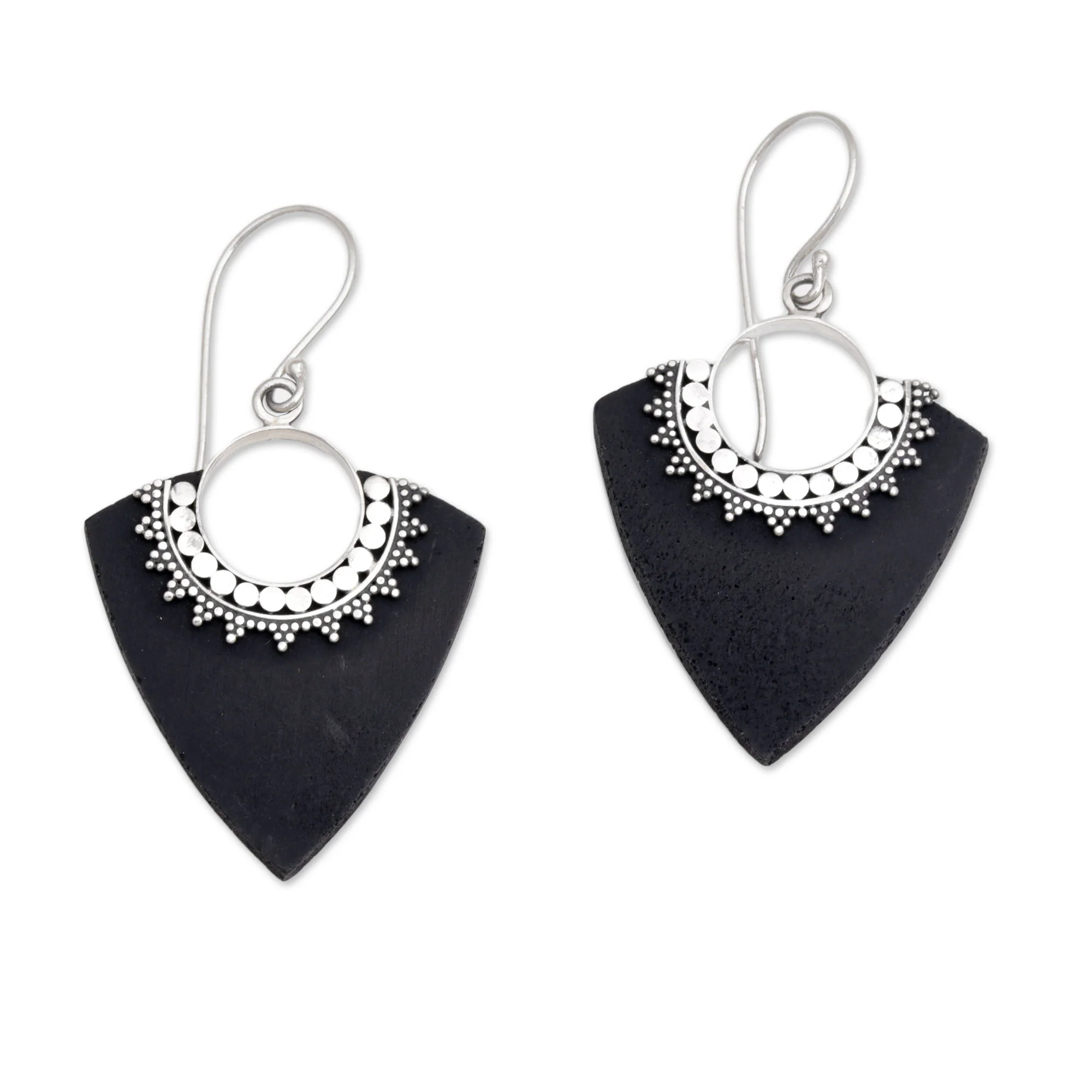 Dotted Arrows Sterling Silver and Lava Stone Pointed Earrings from Bali - Image 2