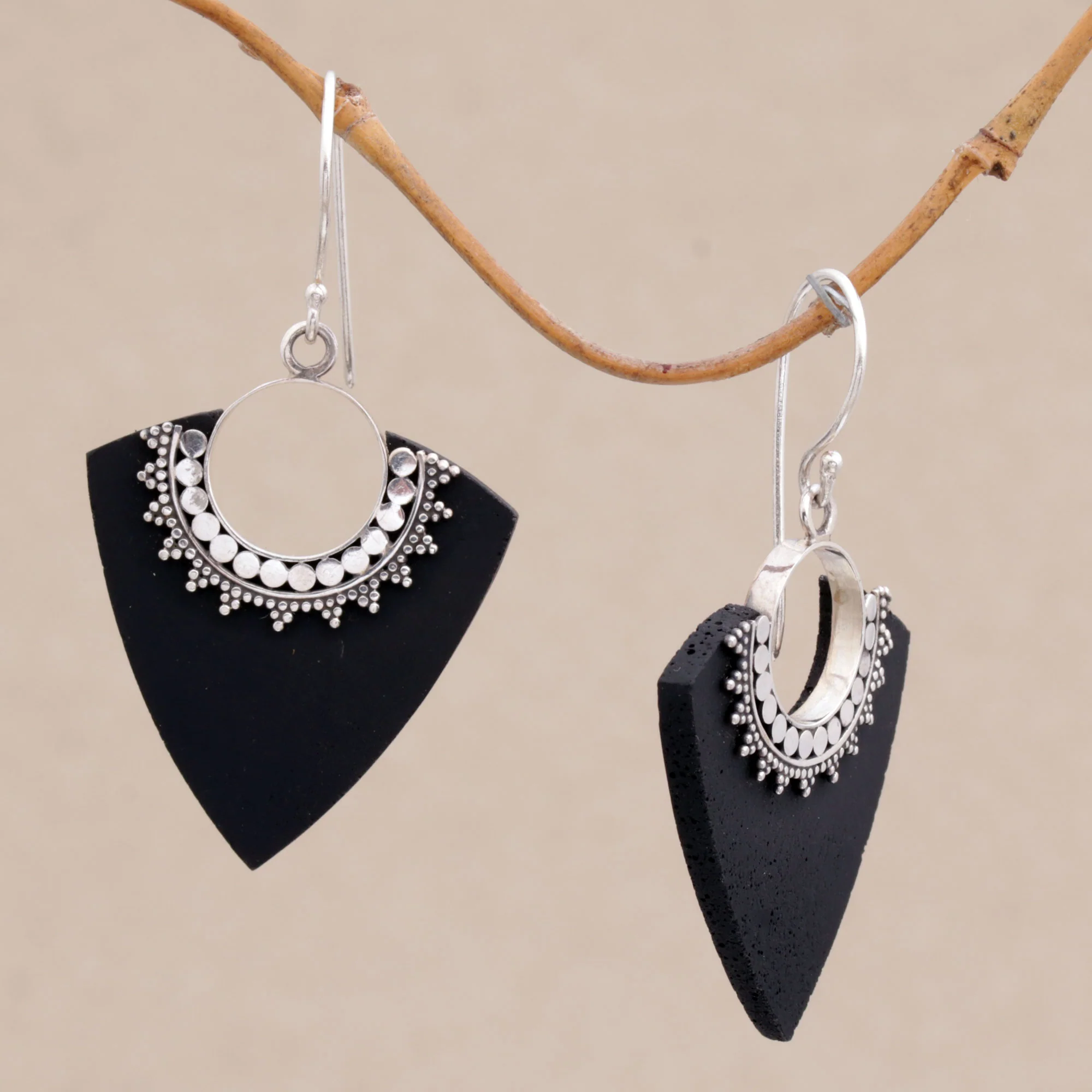 Dotted Arrows Sterling Silver and Lava Stone Pointed Earrings from Bali - Image 3