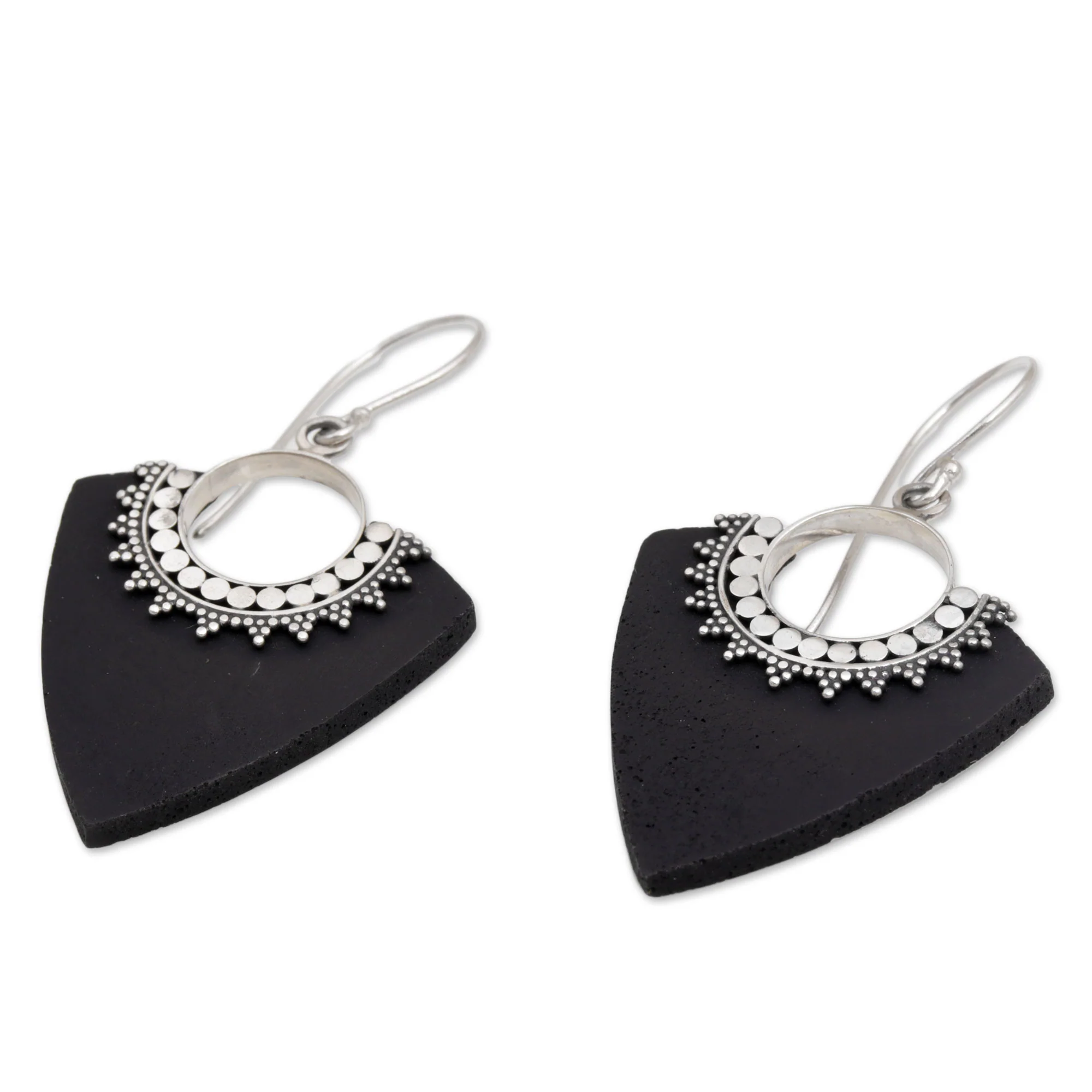 Dotted Arrows Sterling Silver and Lava Stone Pointed Earrings from Bali - Image 4