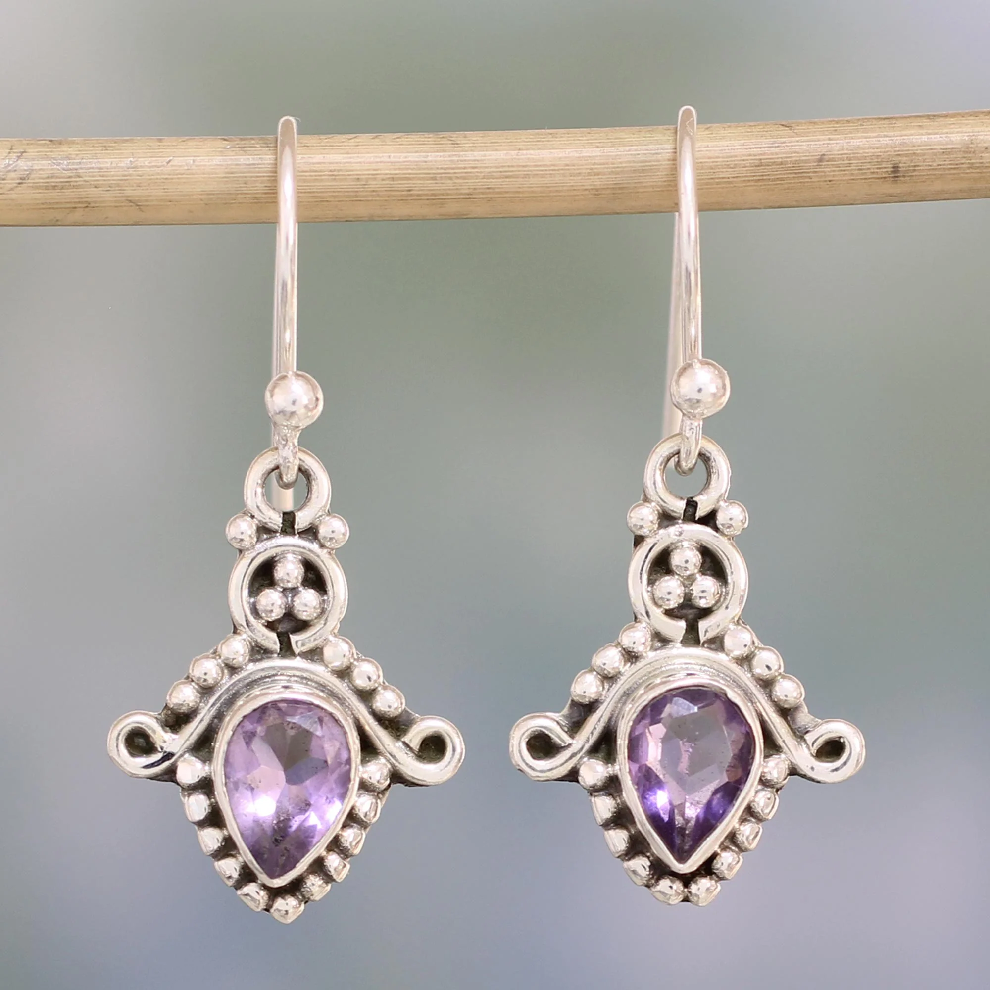 Dotted Delight Amethyst and Sterling Silver Teardrop Earrings from India