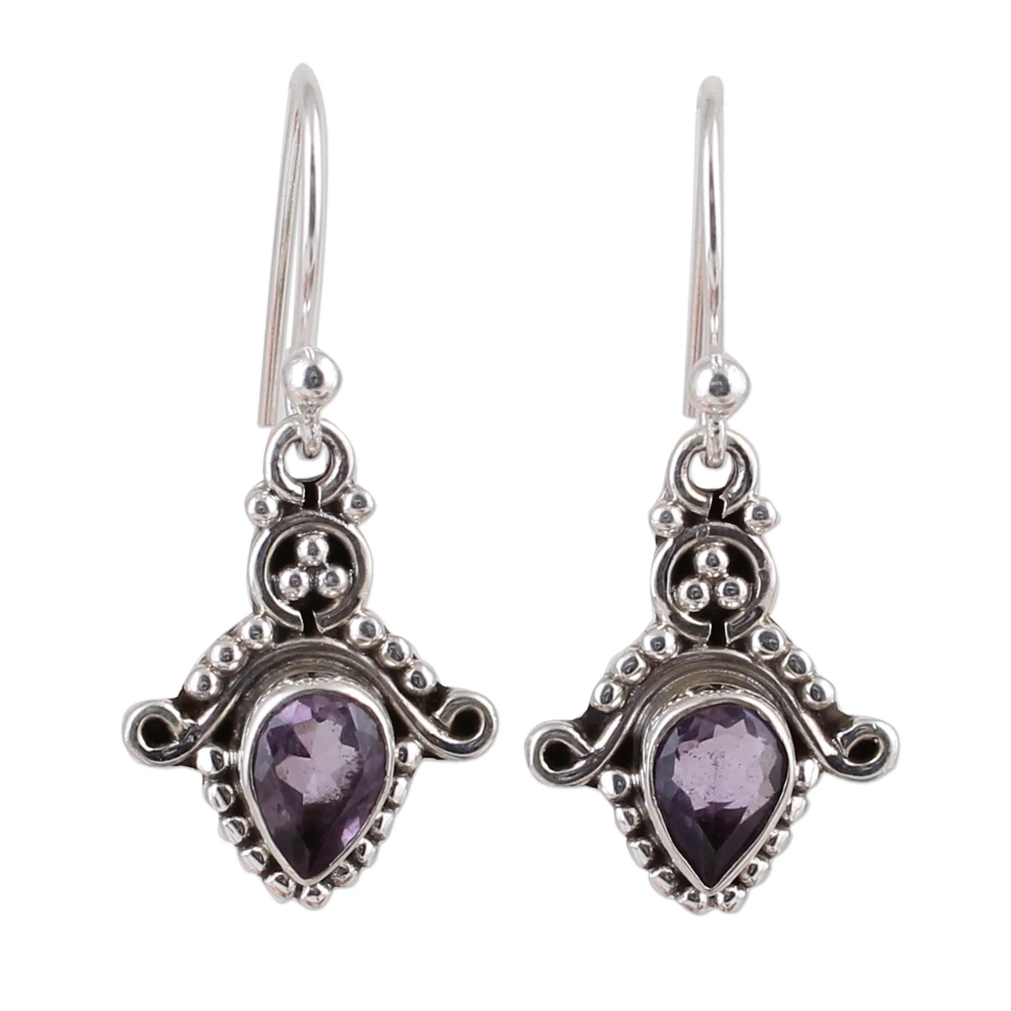 Dotted Delight Amethyst and Sterling Silver Teardrop Earrings from India - Image 2