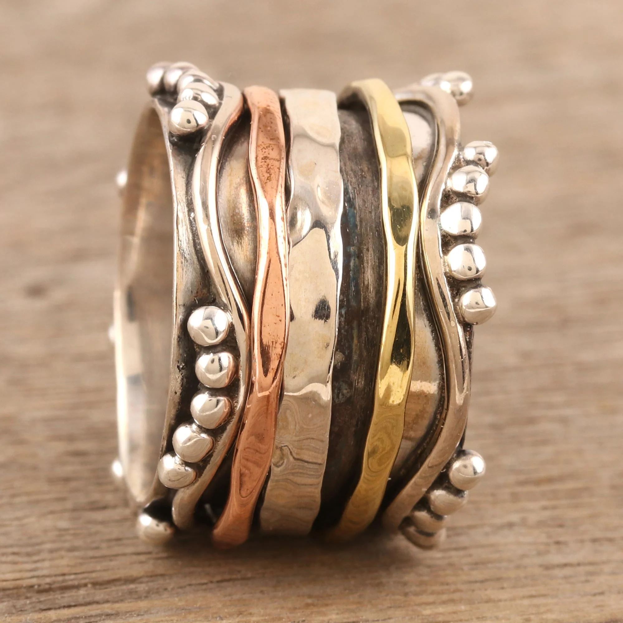 Dotted Glory Sterling Silver and Copper Meditation Spinner Ring - Image 3
