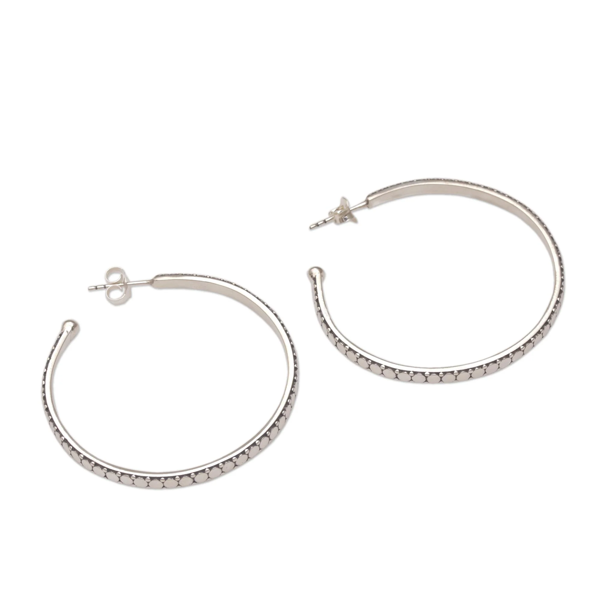 Dotted Line Sleek Half-Hoop Post Earrings in Sterling Silver - Image 2