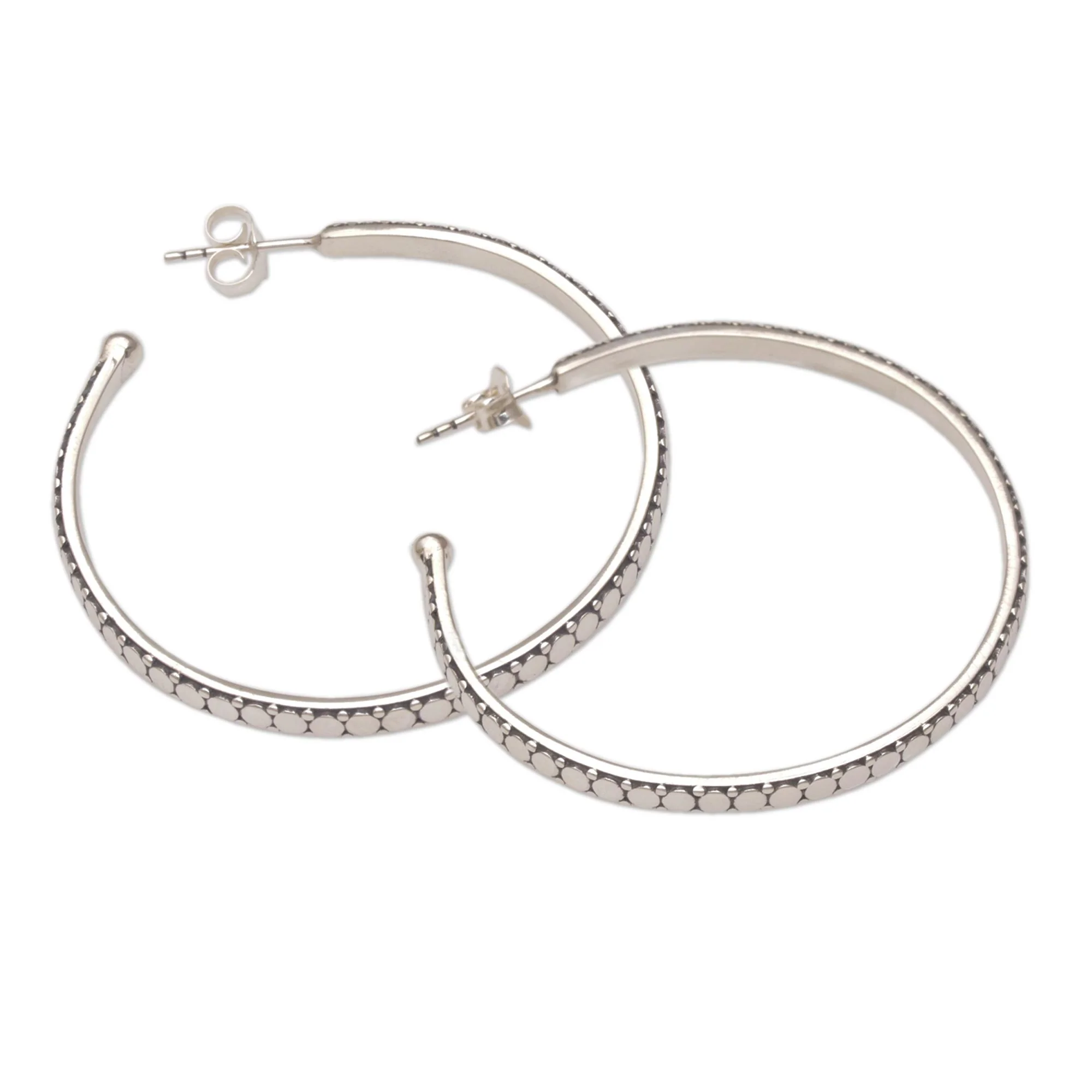 Dotted Line Sleek Half-Hoop Post Earrings in Sterling Silver - Image 4