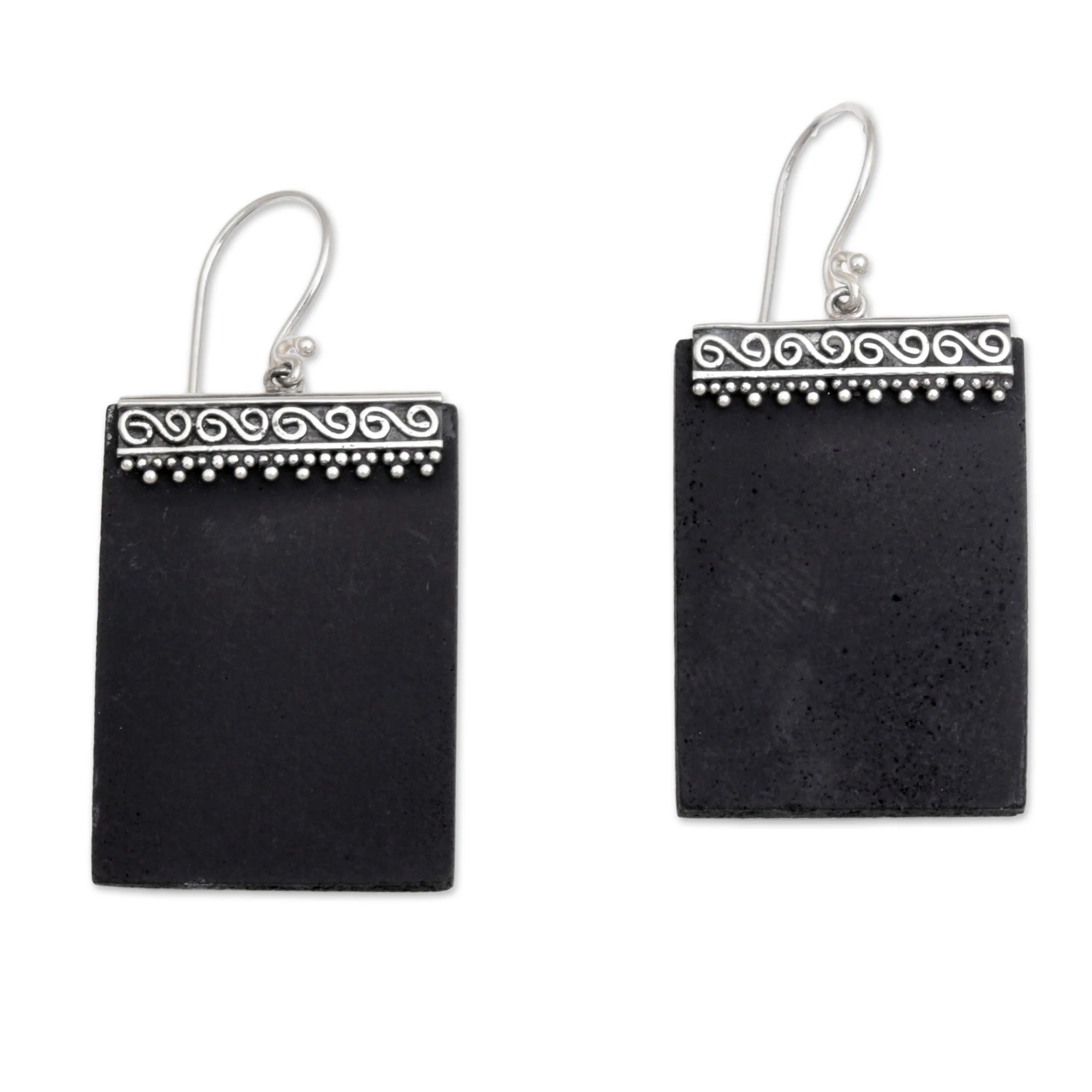 Dotted Walls Sterling Silver and Lava Stone Rectangular Earrings - Image 2