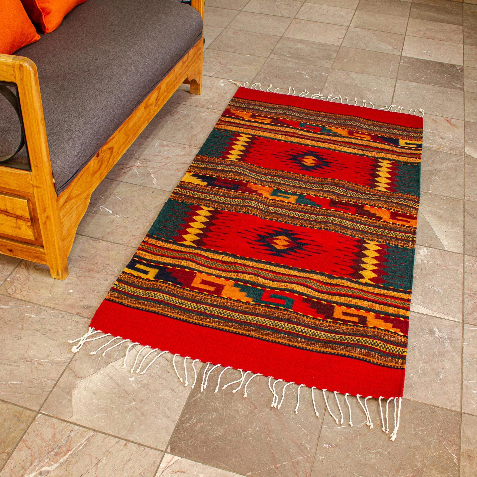 Double Diamond Red Geometric Wool Rug from Mexico (2.5x5) - Image 3
