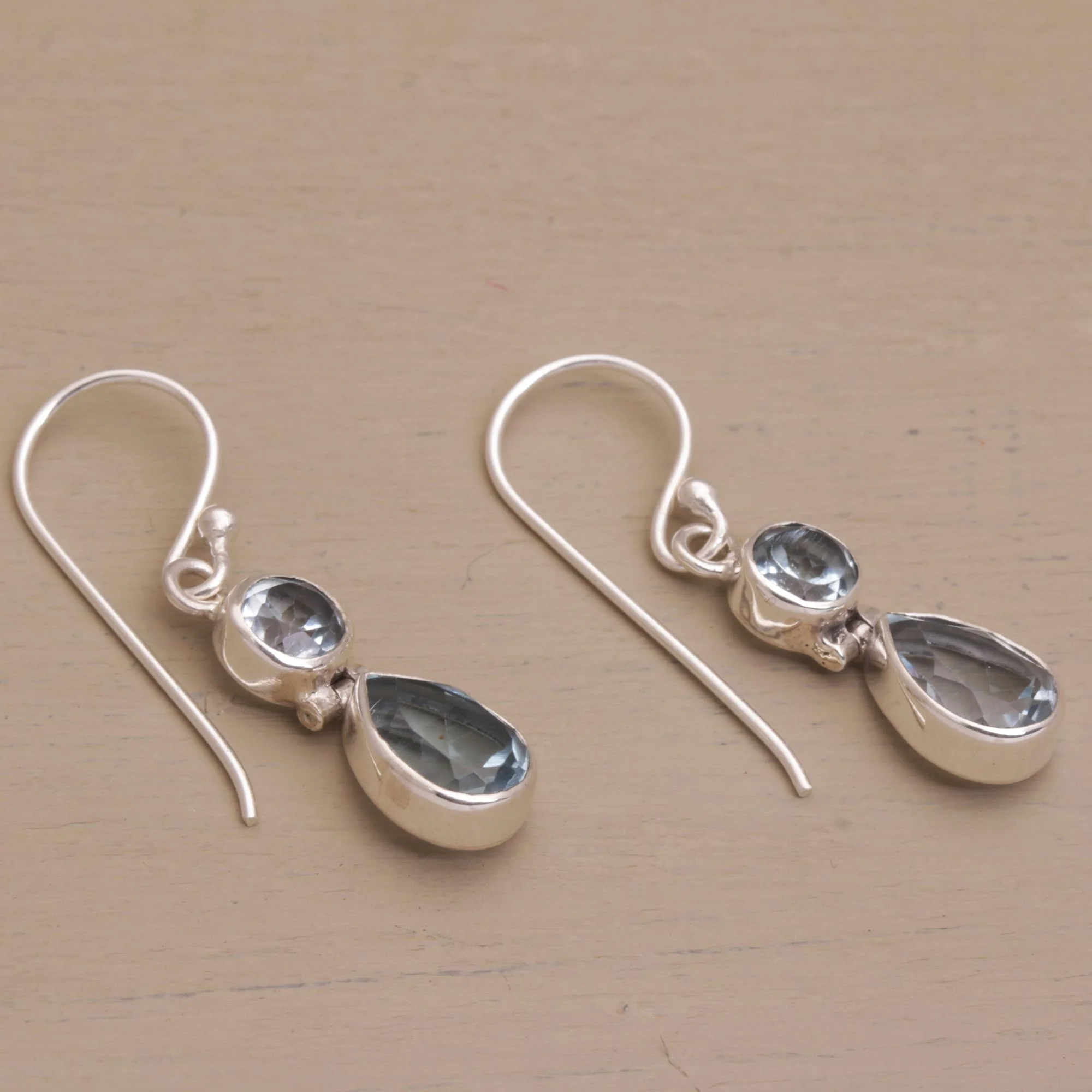 Double Drops Blue Topaz & Silver Dangle Earrings - Image 4