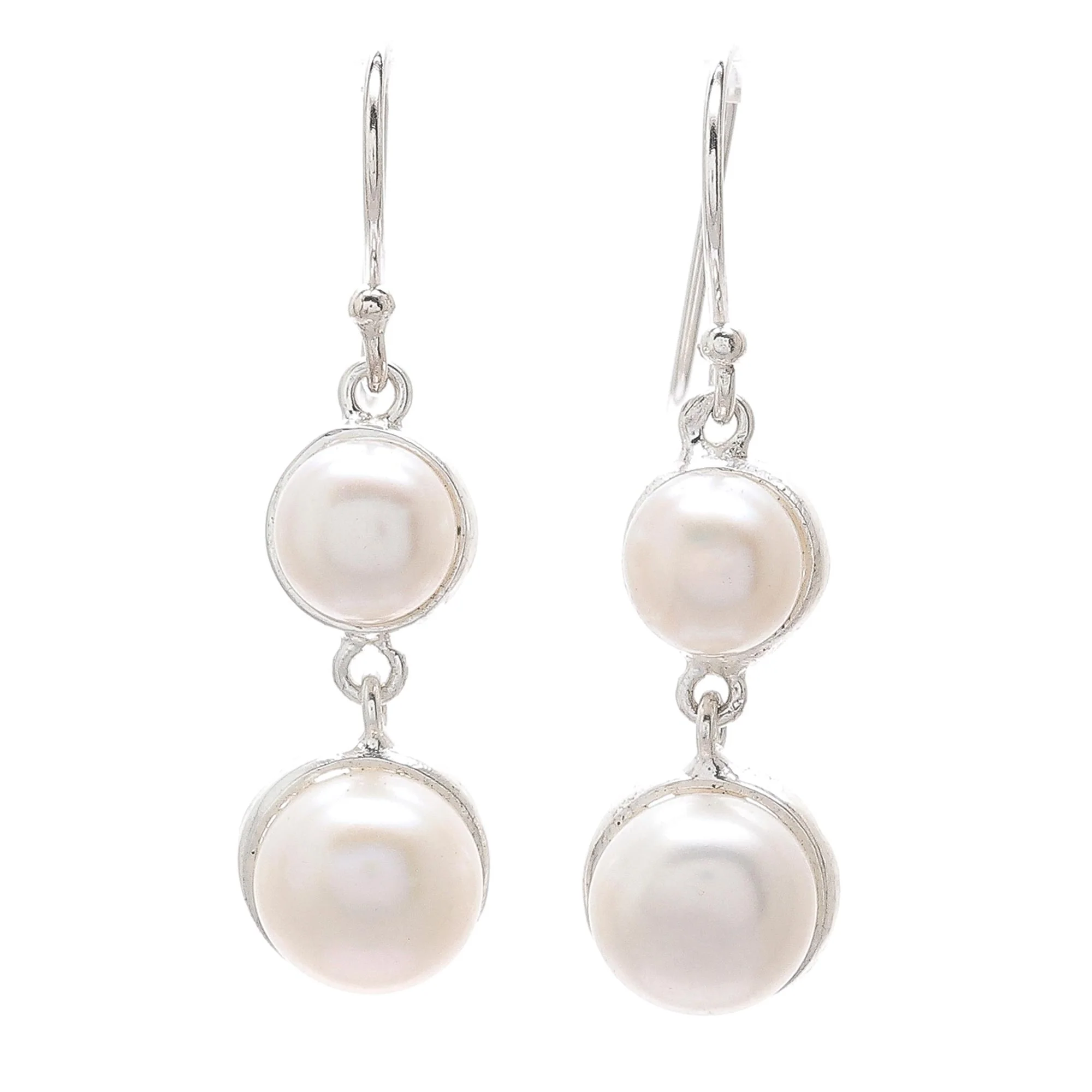 Double Moons Dangle Earrings with White Cultured Pearls from Thailand - Image 2