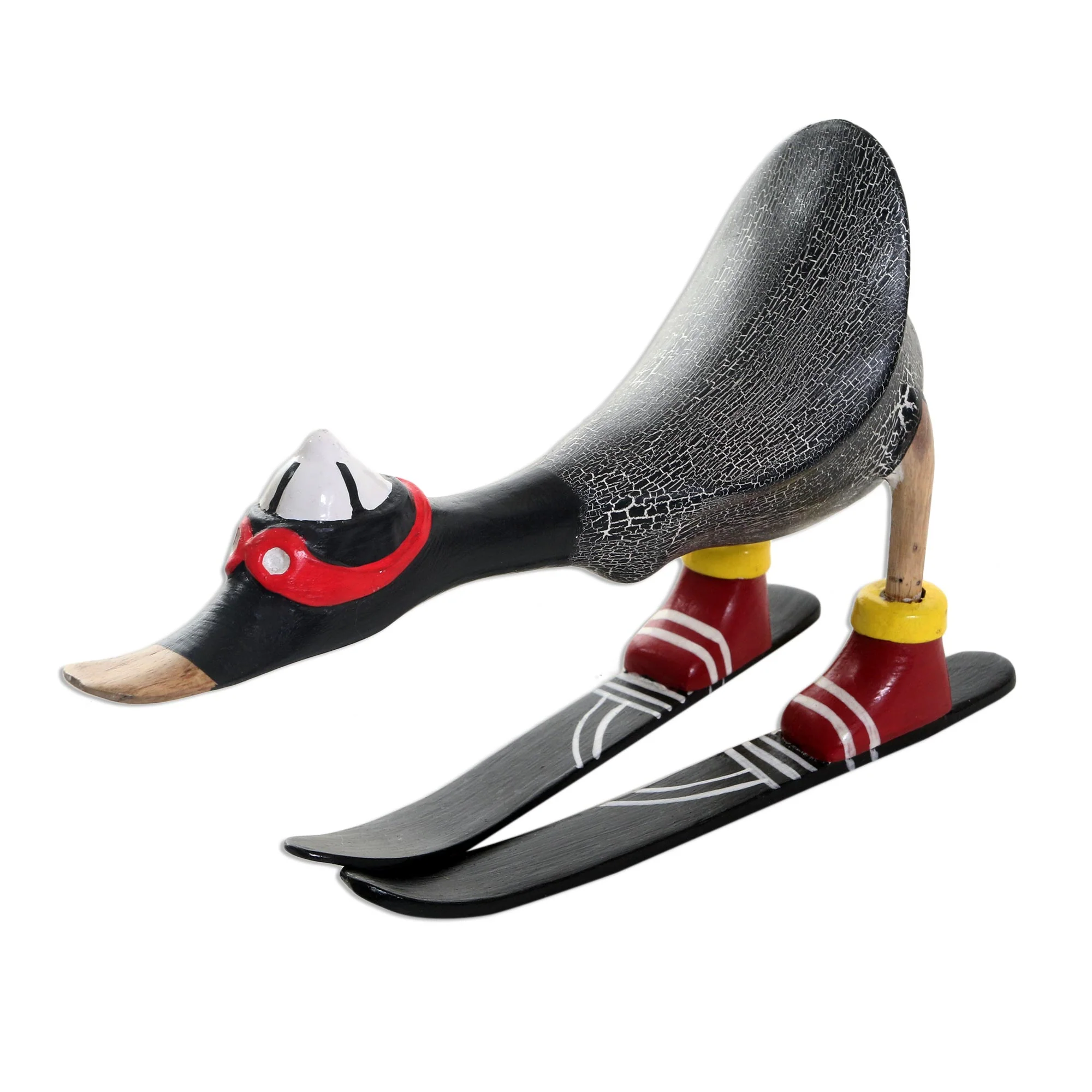 Downhill Duck in Black Hand Painted Wood Skiing Duck Statuette - Image 4