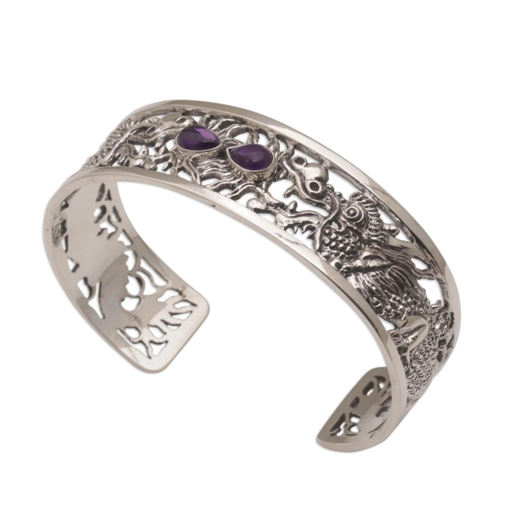 Dragon Duel Dragon Themed Sterling Silver and Amethyst Cuff Bracelet - Image 5