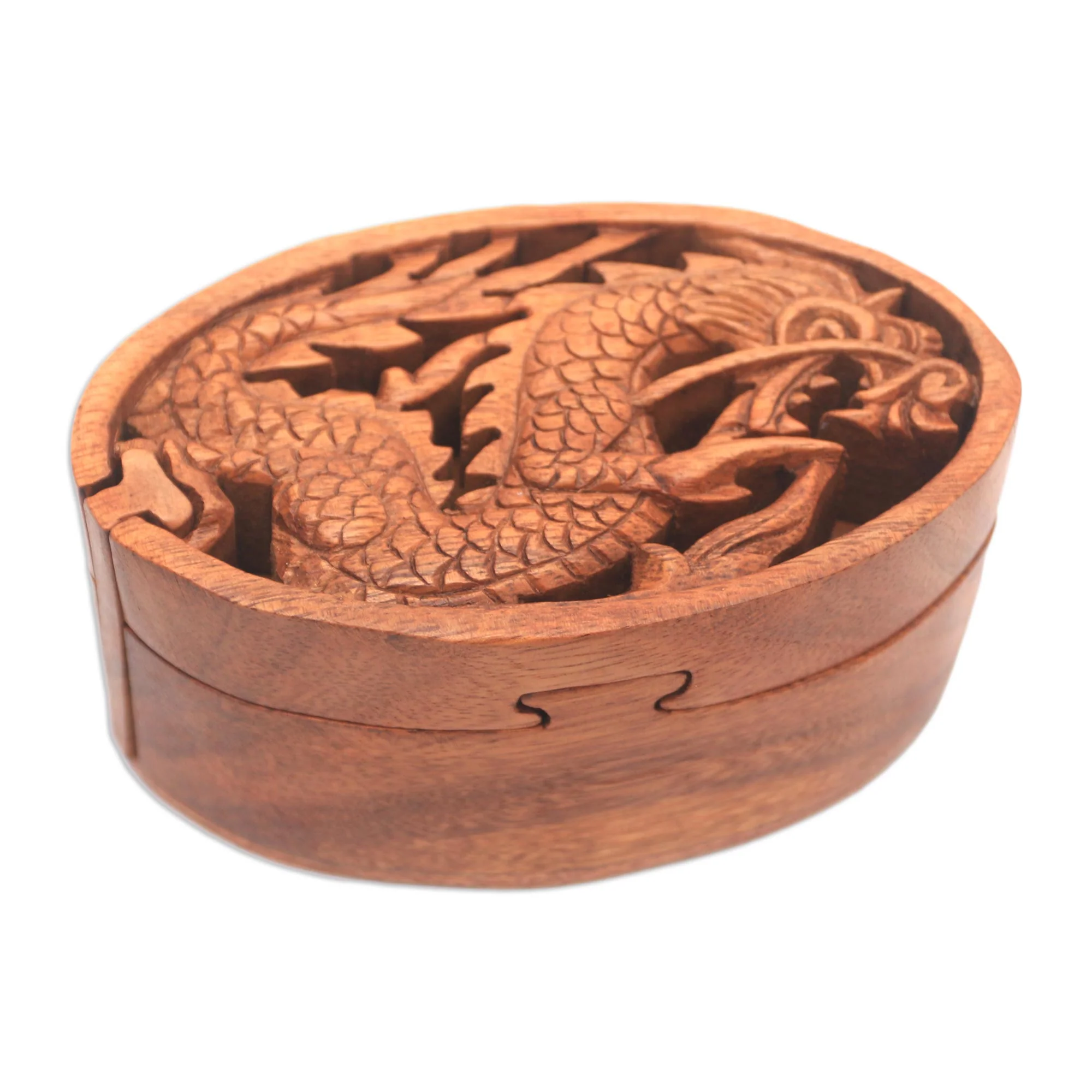 Dragon Oval Dragon-Themed Suar Wood Puzzle Box from Bali