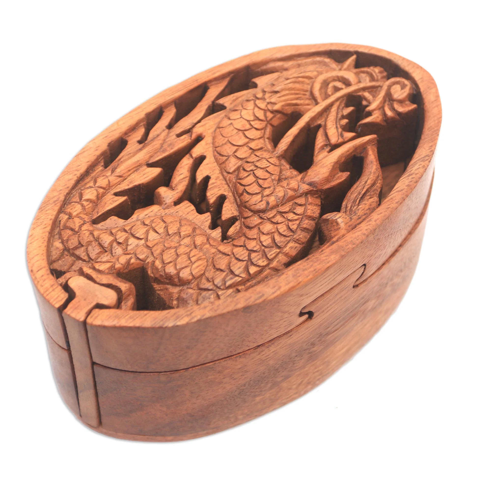 Dragon Oval Dragon-Themed Suar Wood Puzzle Box from Bali - Image 2