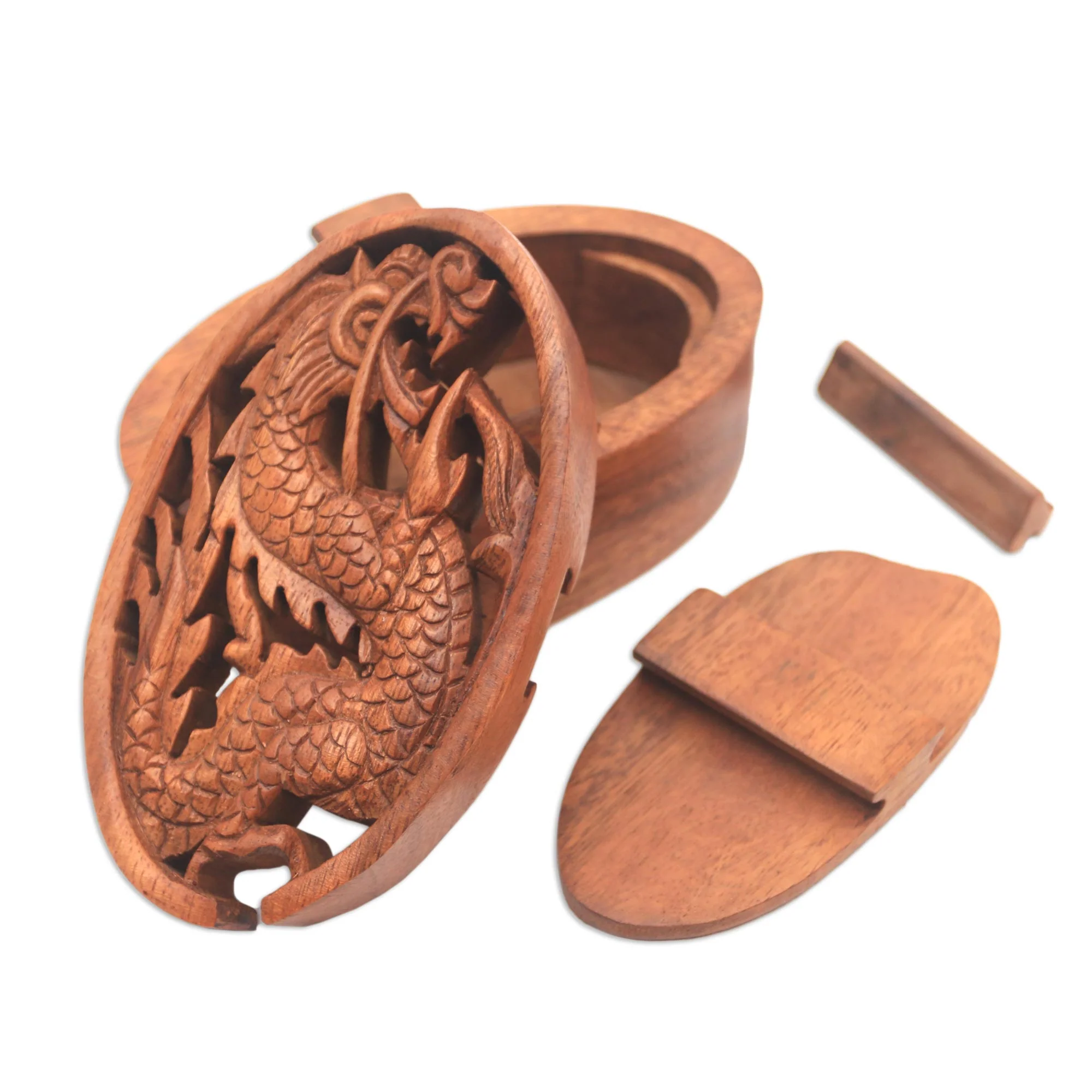 Dragon Oval Dragon-Themed Suar Wood Puzzle Box from Bali - Image 4