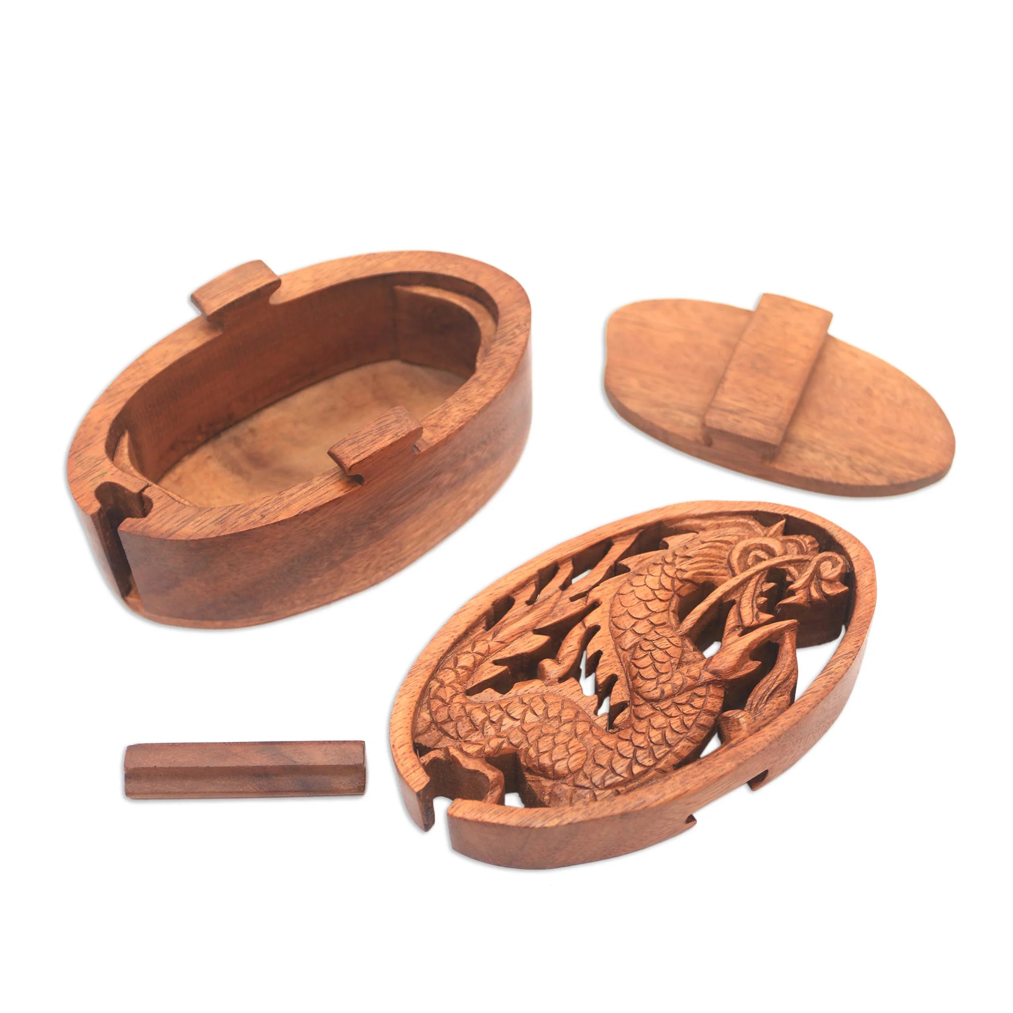 Dragon Oval Dragon-Themed Suar Wood Puzzle Box from Bali - Image 5