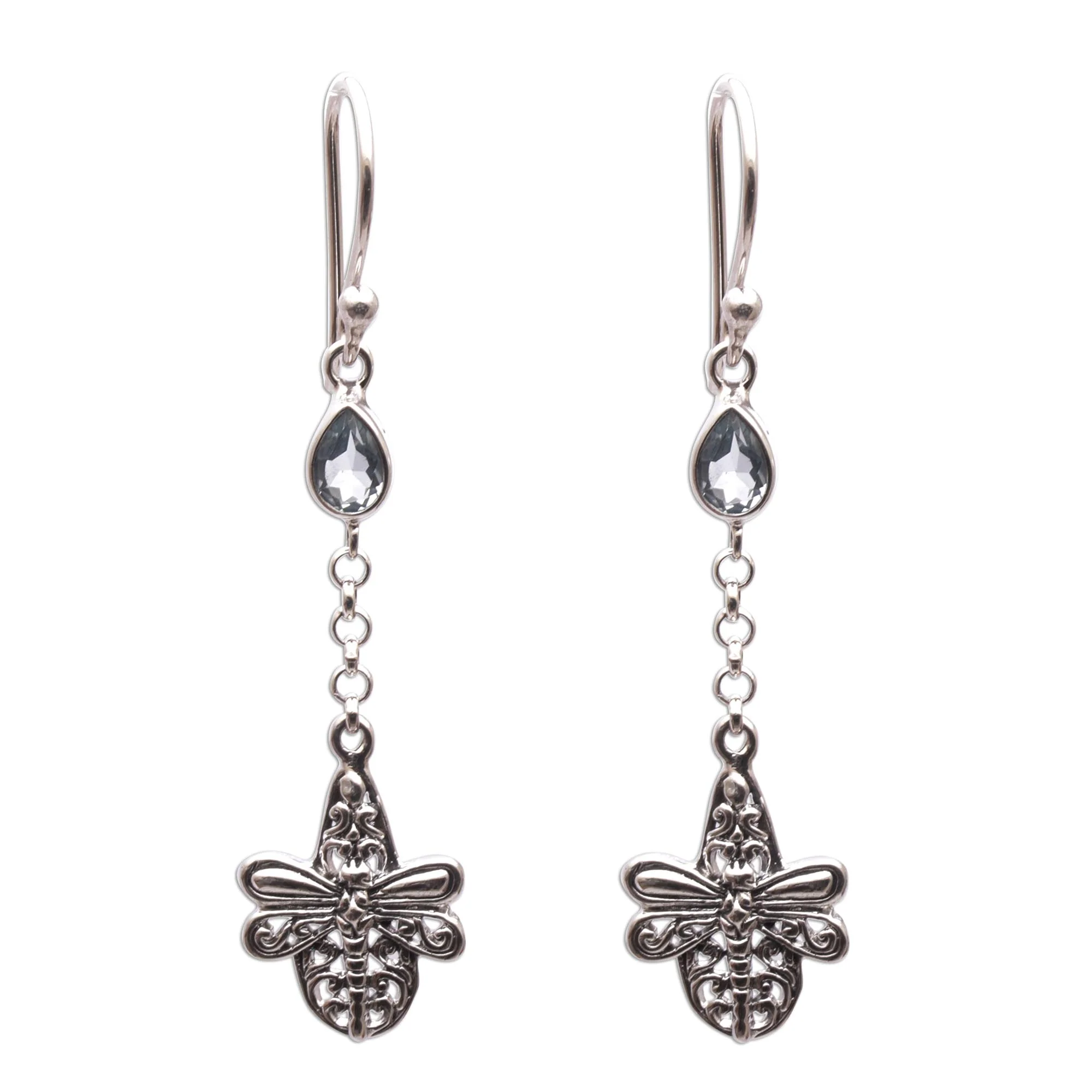 Dragonfly Altar Handmade 925 Sterling Silver Blue Topaz Dragonfly Earrings - Image 2