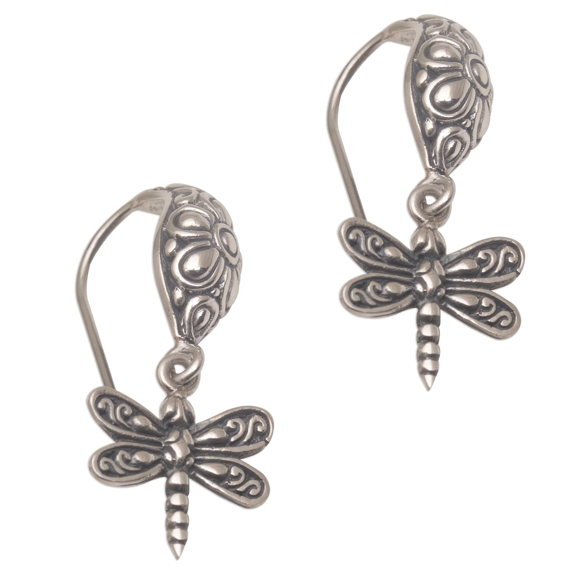 Dragonfly Delight Handmade Balinese Sterling Silver Dragonfly Dangle Earrings - Image 2