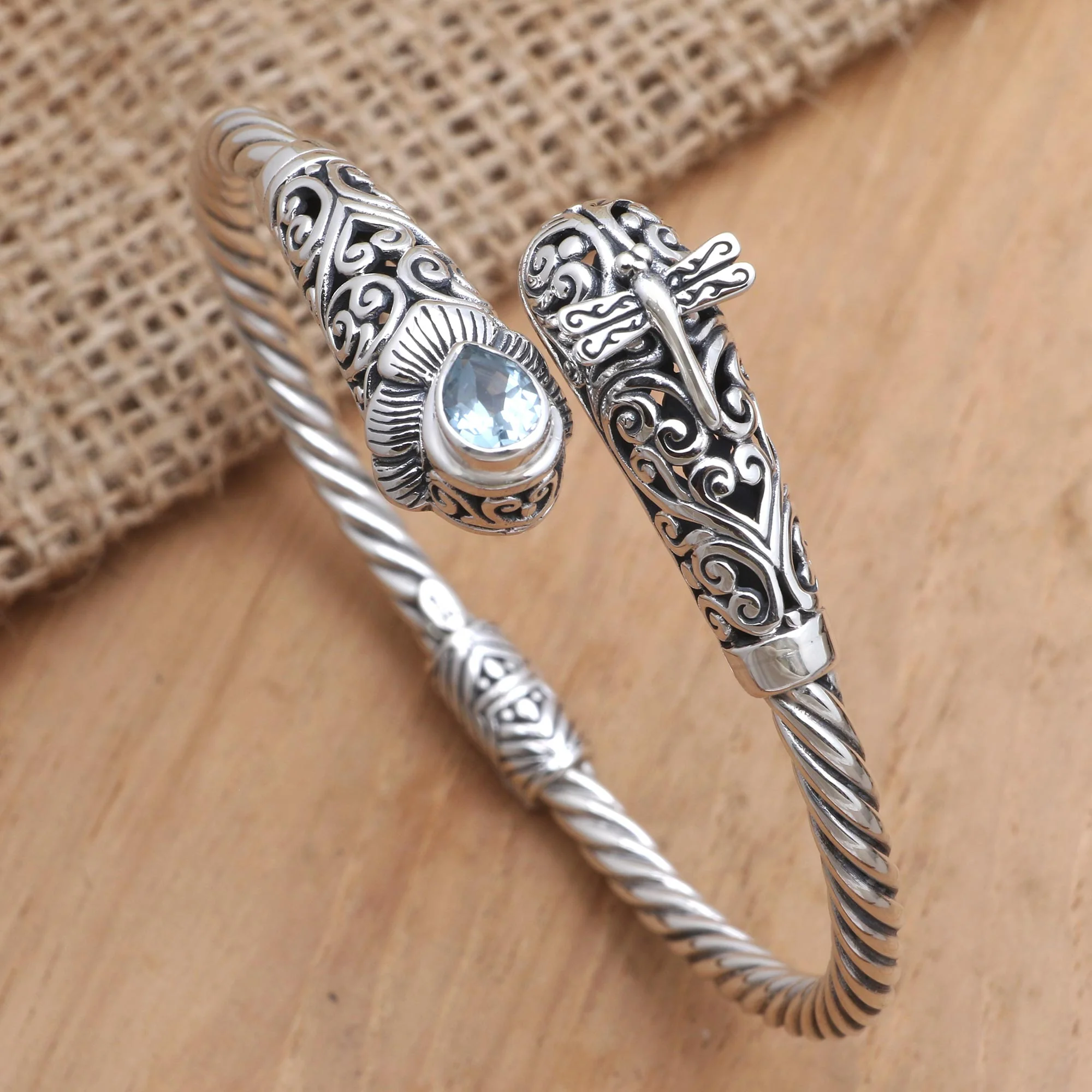 Dragonfly in the Field Amethyst and Blue Topaz Cuff Bracelet - Image 5