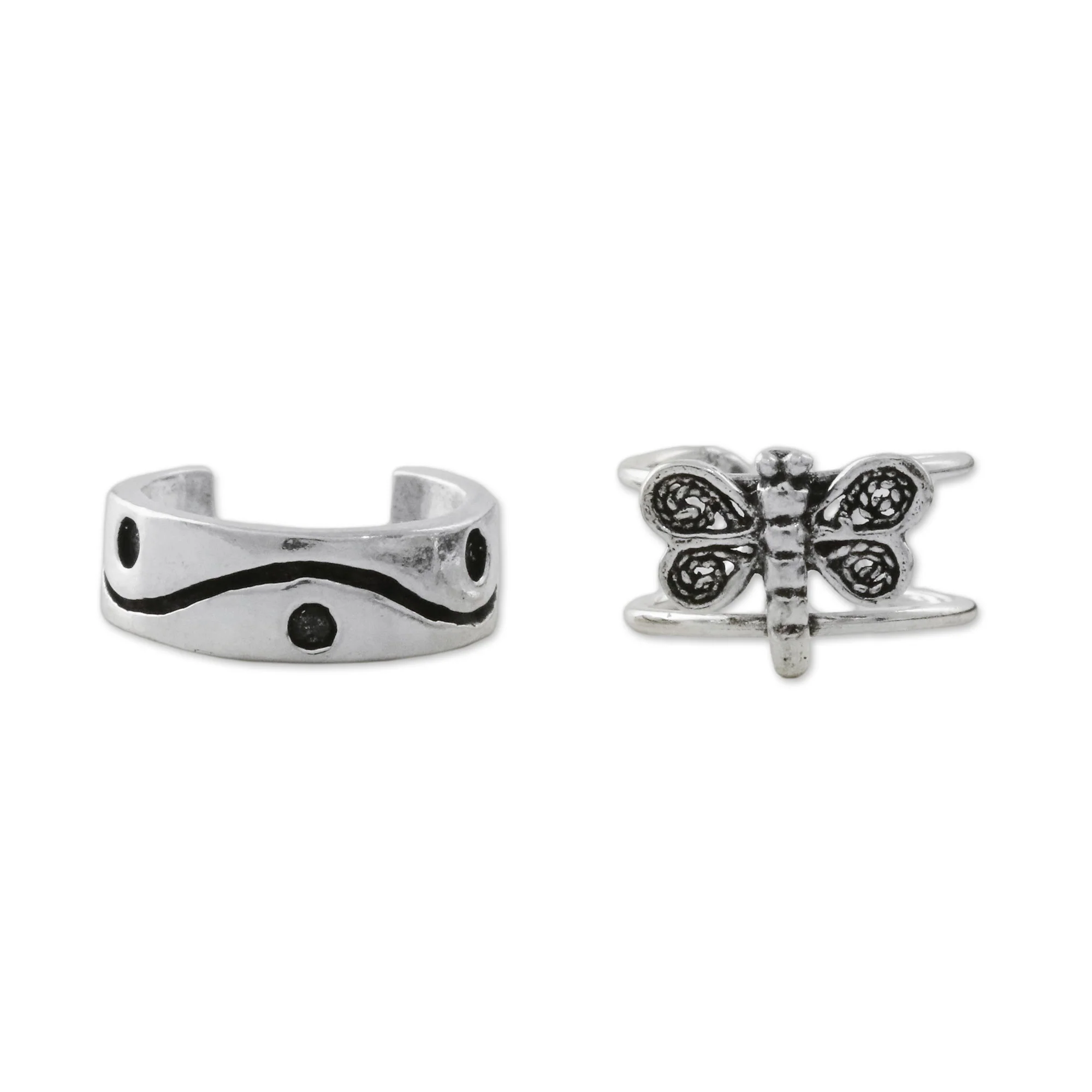 Dragonfly Lover Dragonfly and Wave Motif Sterling Silver Ear Cuffs - Image 2
