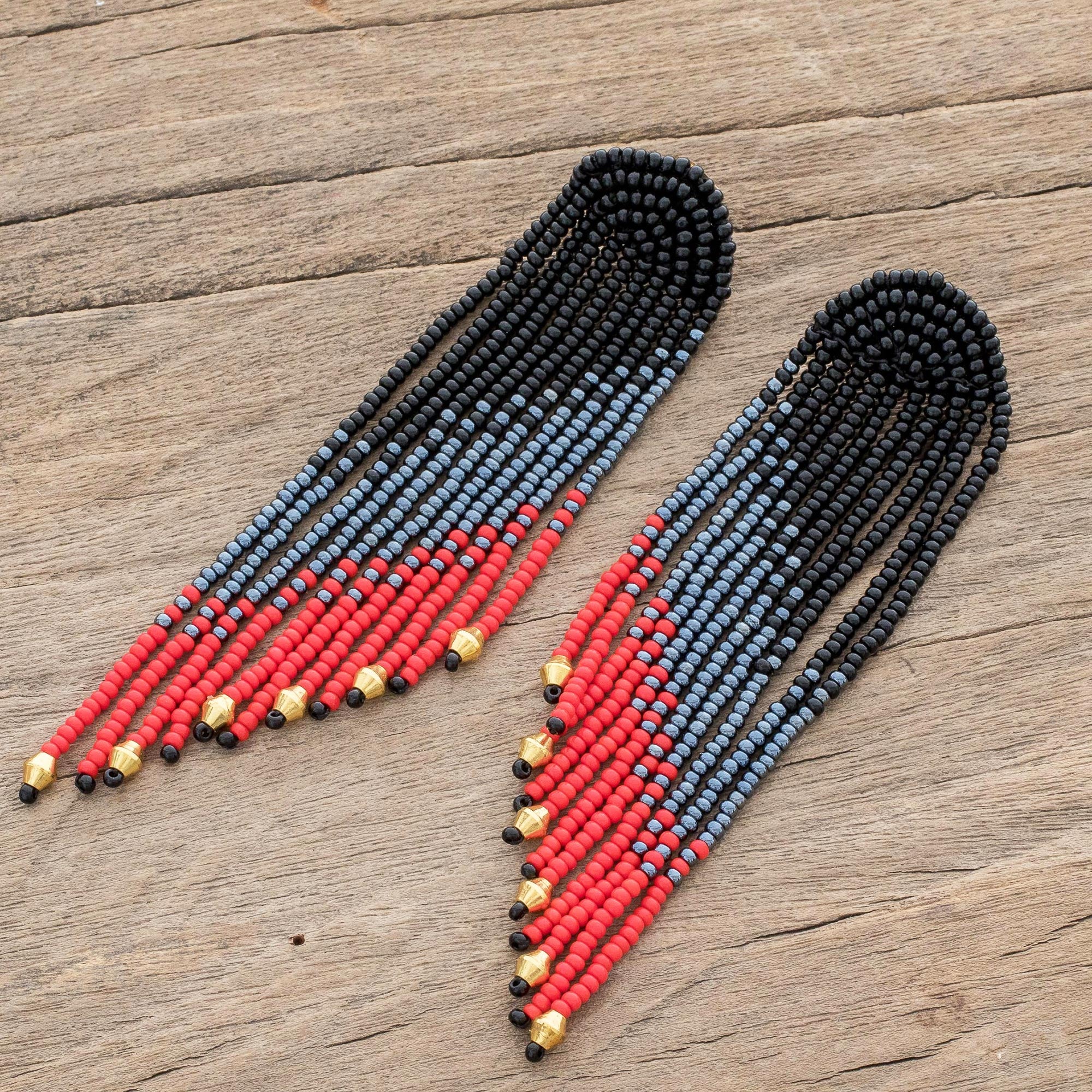 Dramatic Cascade Long Beaded Waterfall Earrings in Black, Grey and Red - Image 3