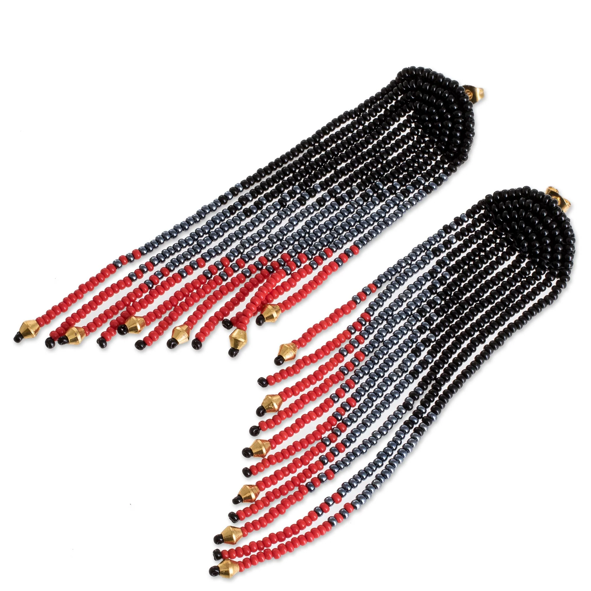 Dramatic Cascade Long Beaded Waterfall Earrings in Black, Grey and Red - Image 4
